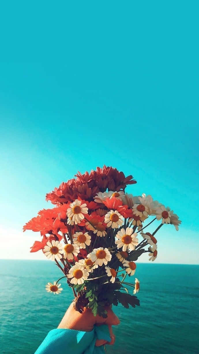 bright aesthetic, bouquet, red and white daisies, SD Phone Wallpaper