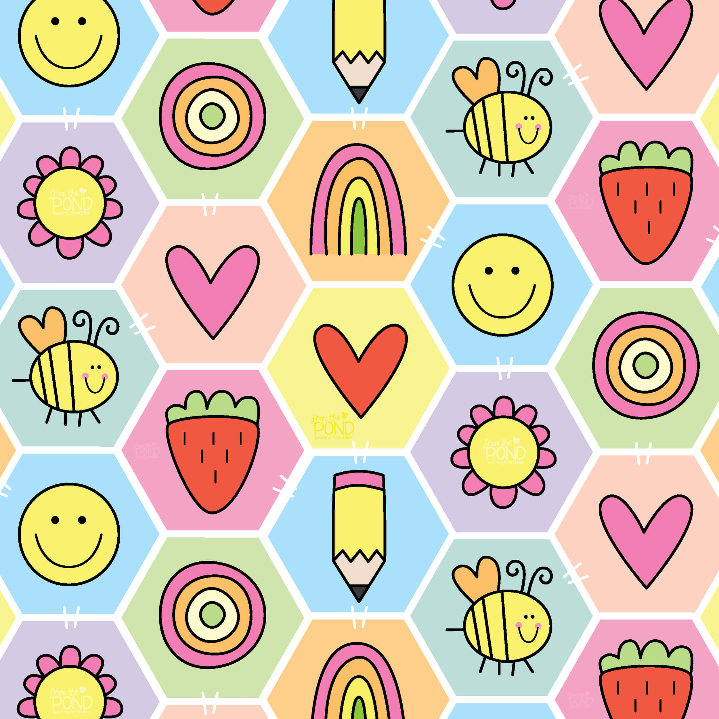 colorful geometric pattern, hexagons, cartoon hearts, Full HD Desktop Wallpaper