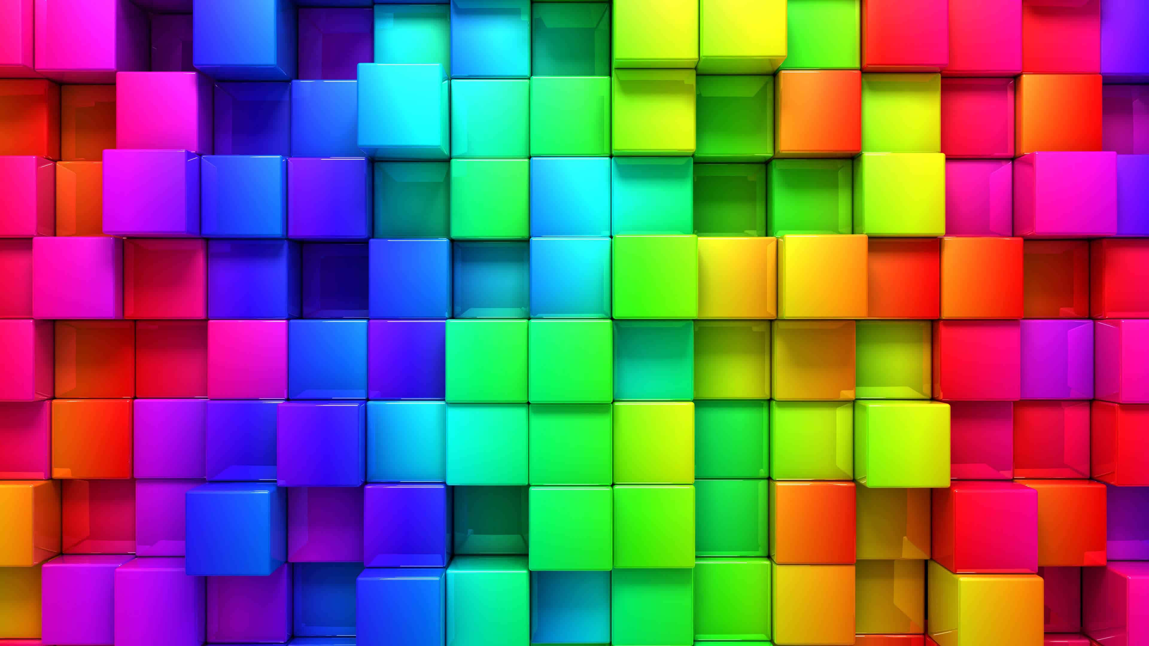 rainbow hues, glossy cubes, geometric wall, 4K Desktop Wallpaper