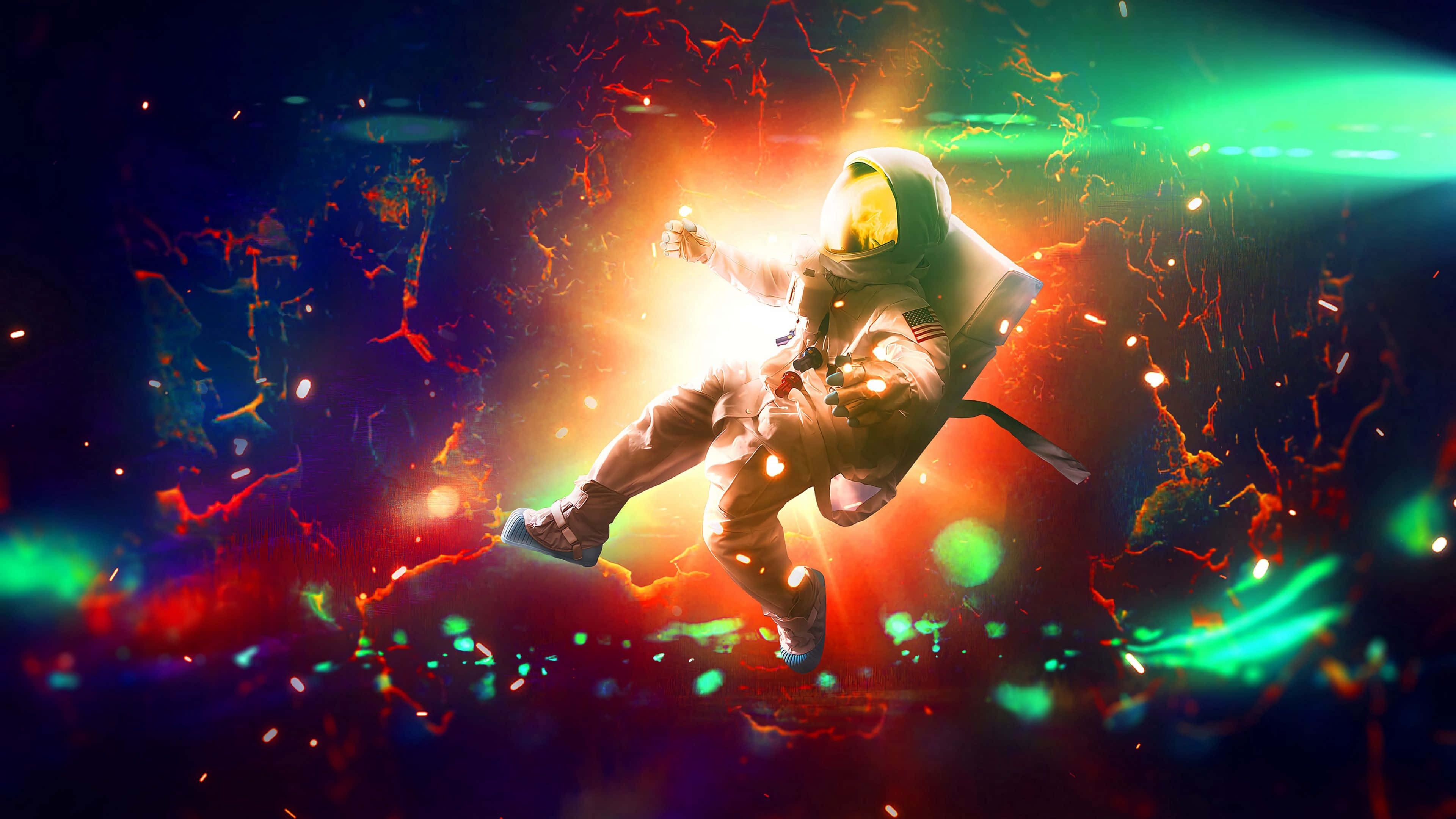 astronaut, neon green, fiery orange, 4K Desktop Wallpaper