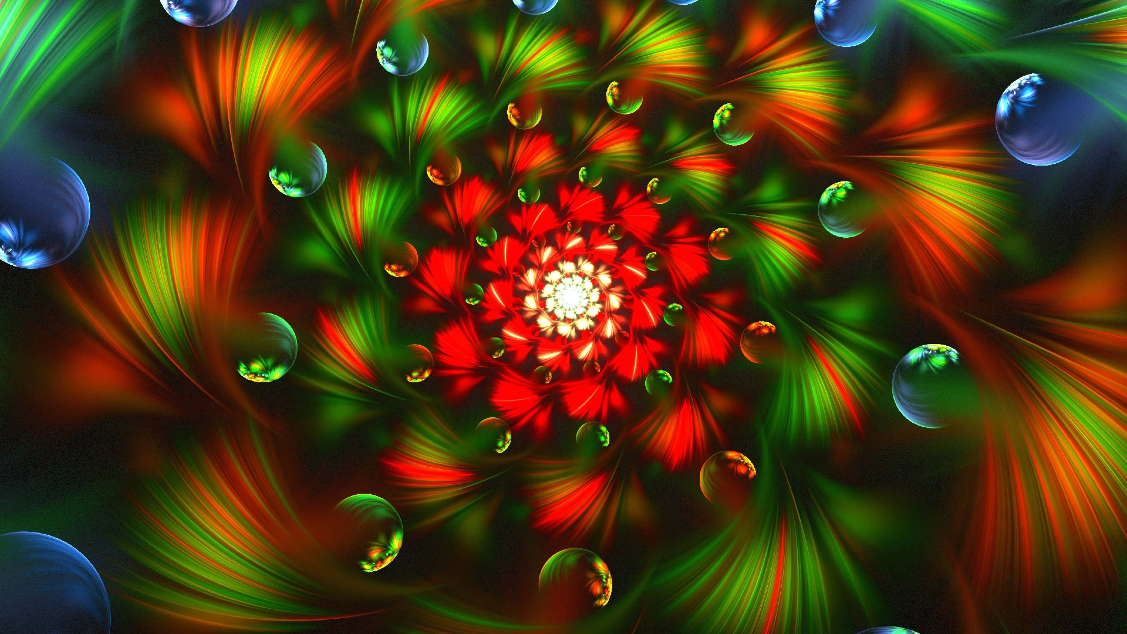 fractal explosion, glowing red center, swirling green and orange tendrils, 4K Desktop Wallpaper