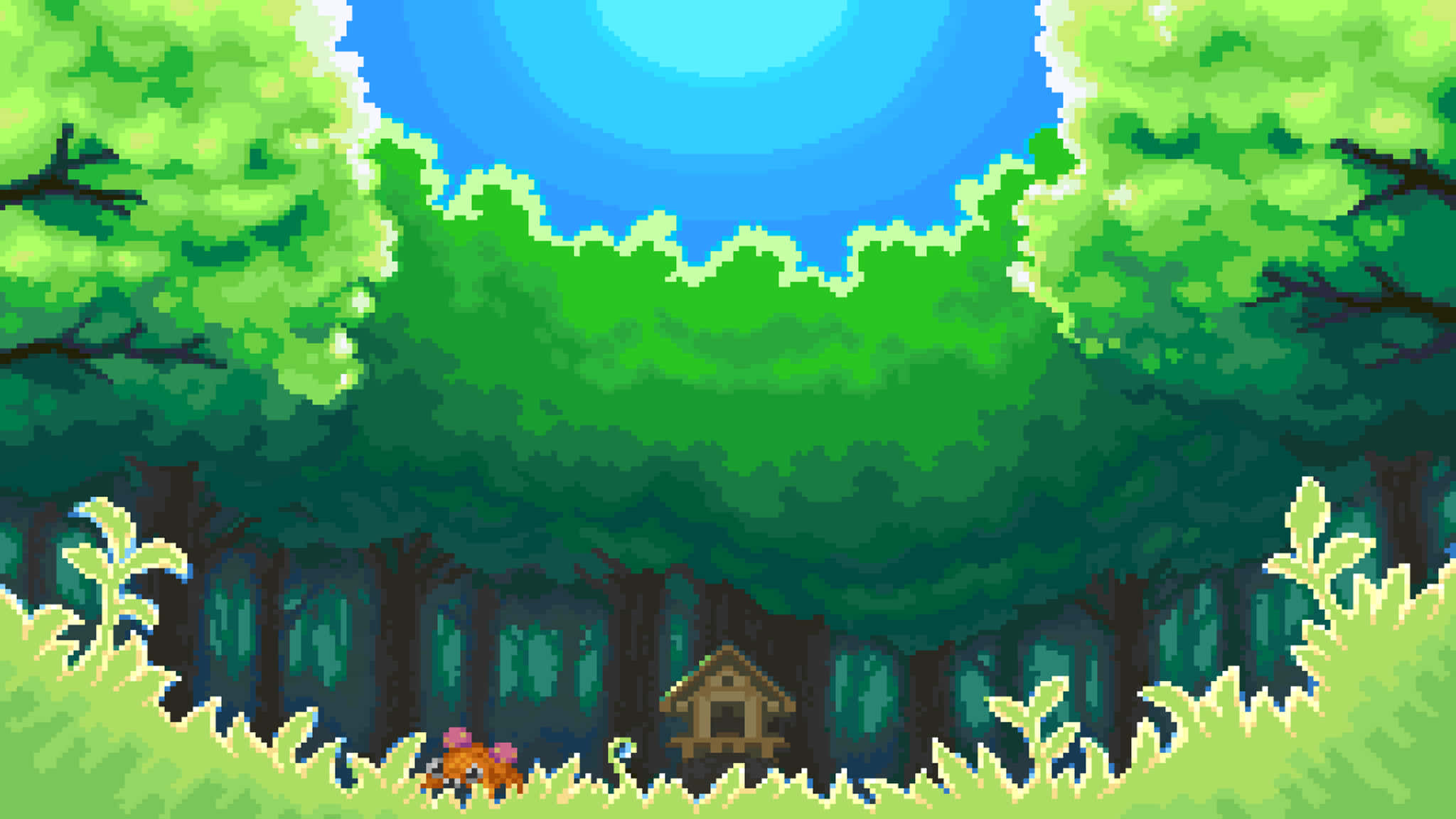 pixel-art, forest scene, wooden cabin, Full HD Desktop Wallpaper