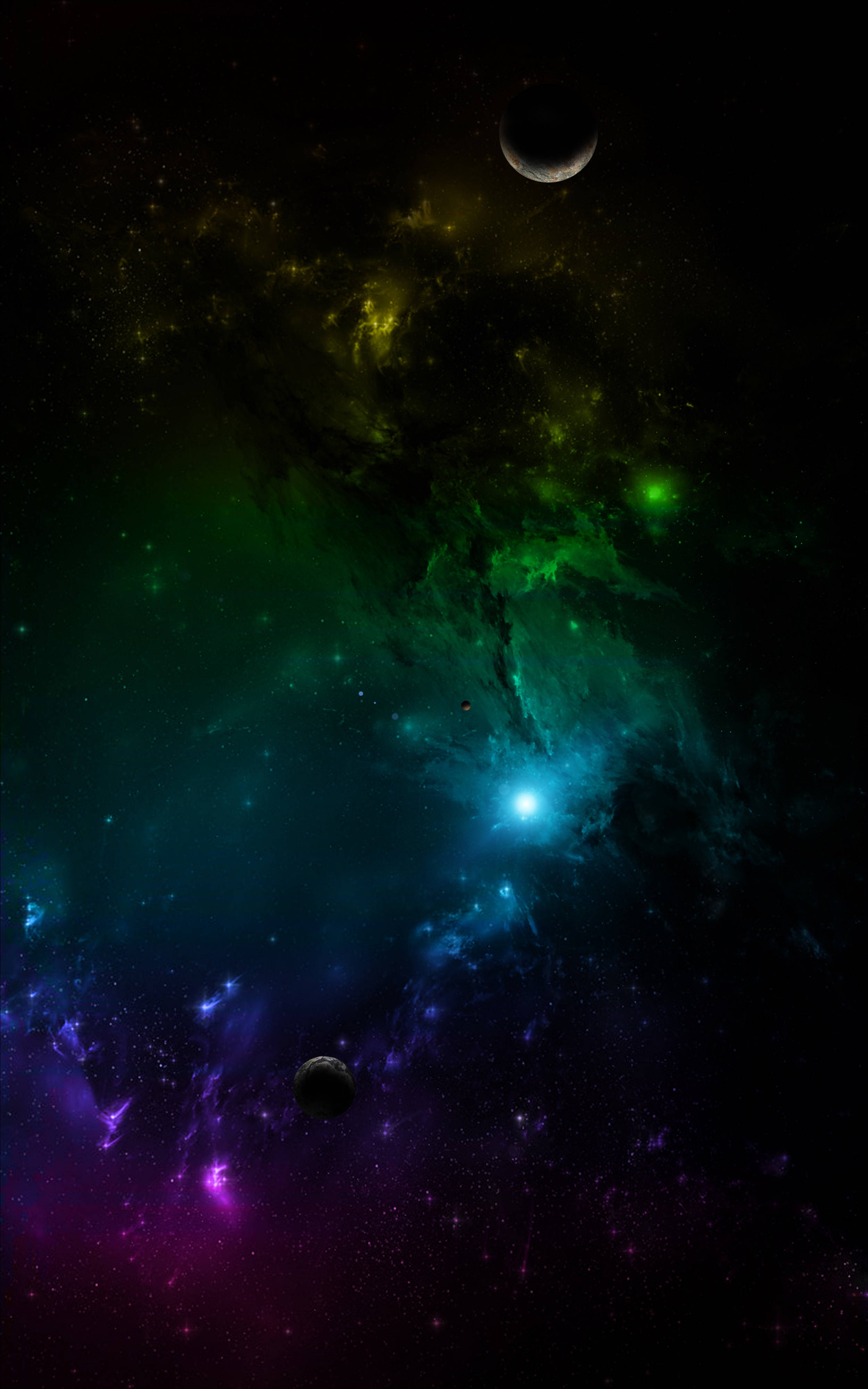 multicolored universe, cosmic nebula, green blue and purple gases, 4K Phone Wallpaper