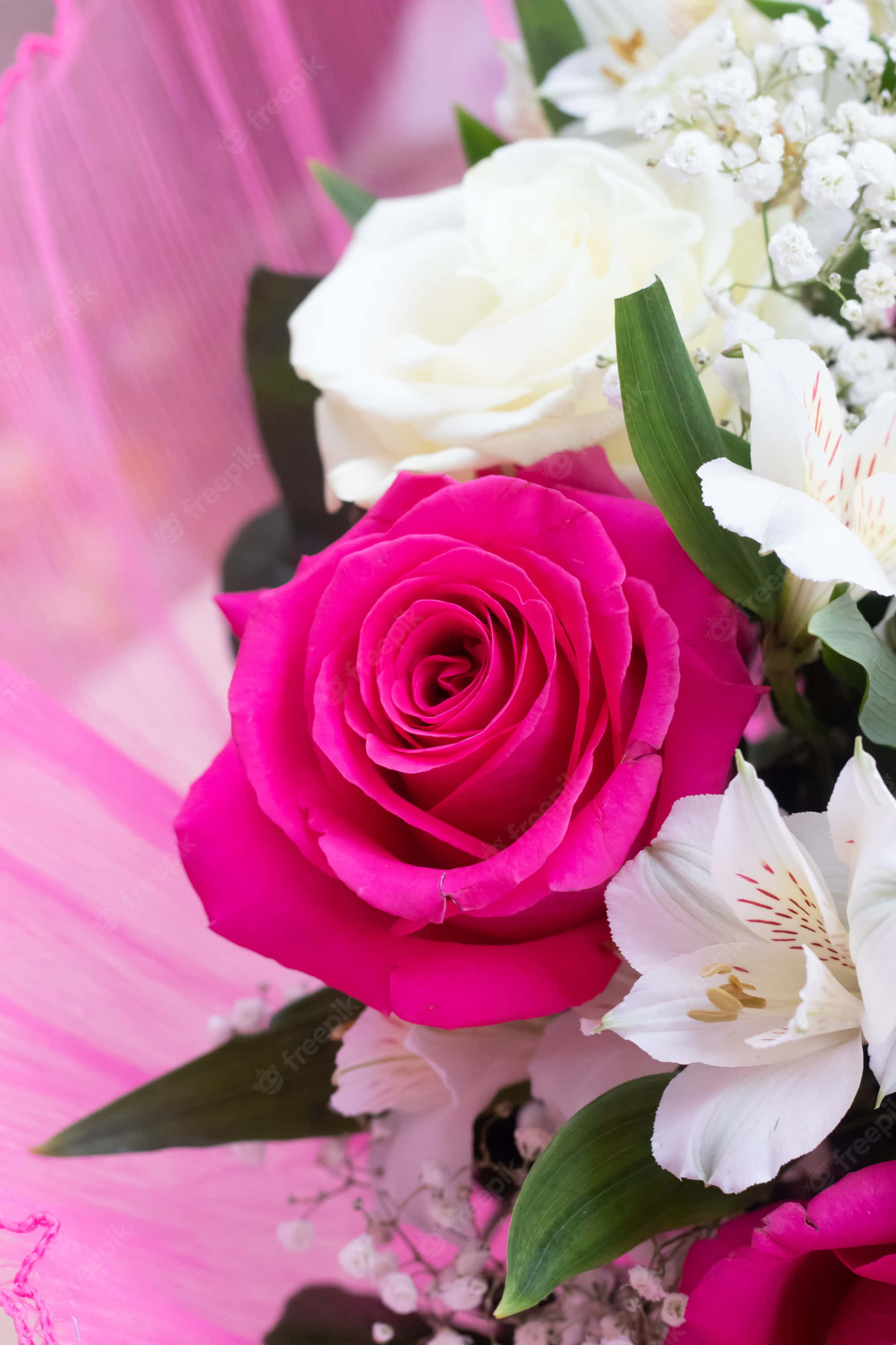 pink rose, white alstroemeria, baby's breath, 2K Phone Wallpaper