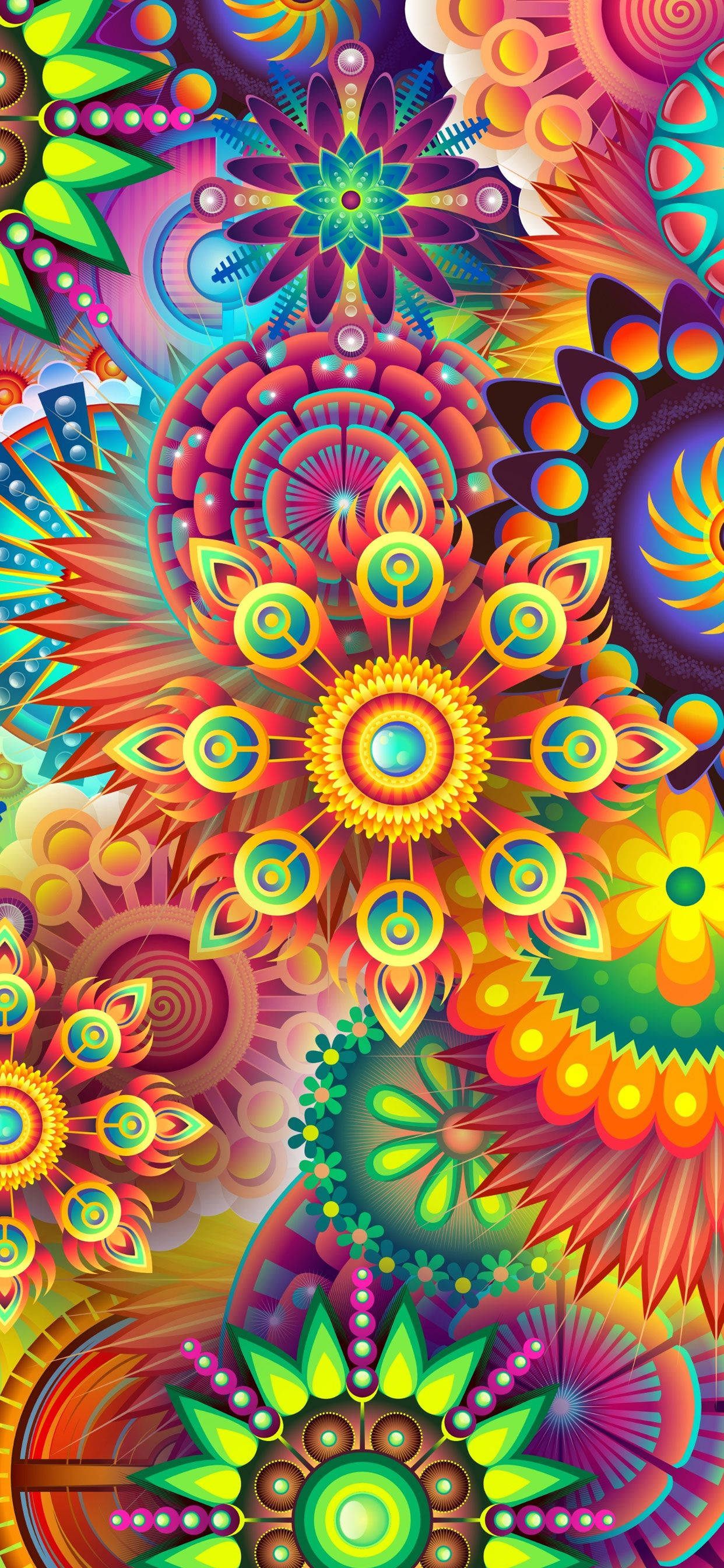 bright colorful iphone, mandala flower pattern, neon colors, 2K Phone Wallpaper