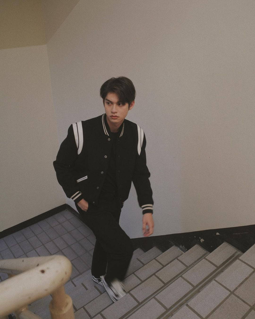Bright Vachirawit, black varsity jacket, tiled staircase, HD Phone Wallpaper