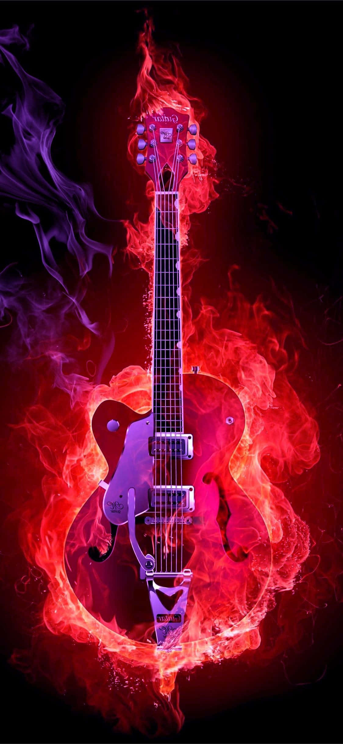 fiery electric guitar, vibrant red, purple flames, Full HD Phone Wallpaper