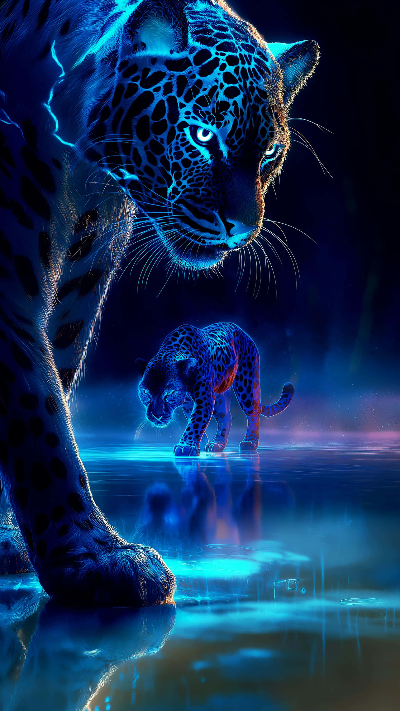 glowing blue jaguar, smaller jaguar cub, ethereal neon landscape, 2K Phone Wallpaper