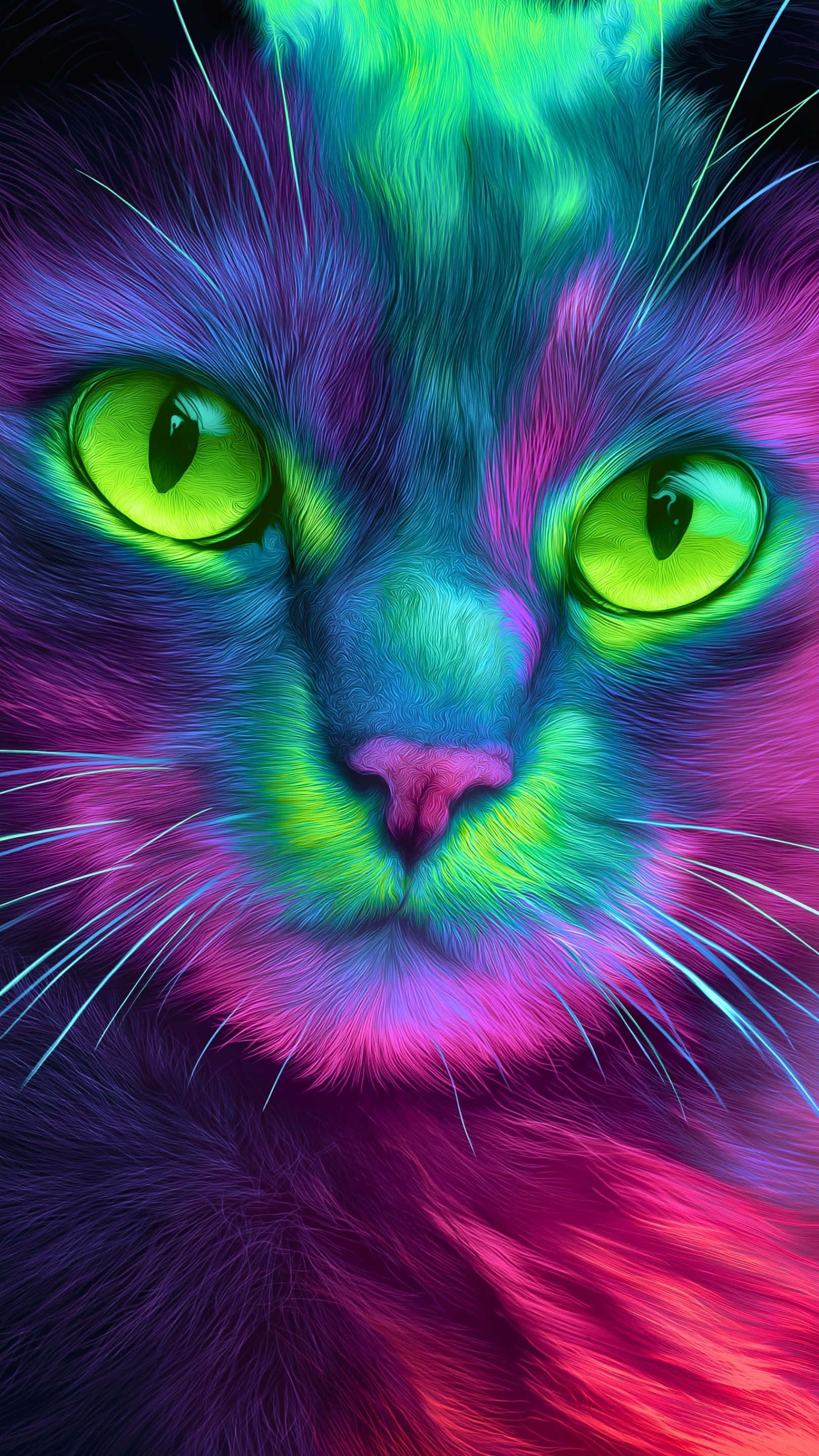 neon cat, glowing green eyes, psychedelic fur patterns, 2K Phone Wallpaper
