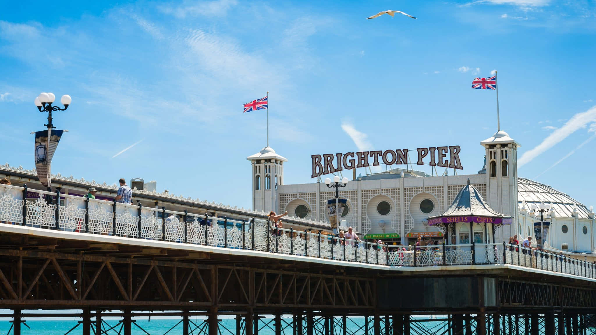 Brighton Pier, turquoise sea, bright blue sky, Full HD Desktop Wallpaper