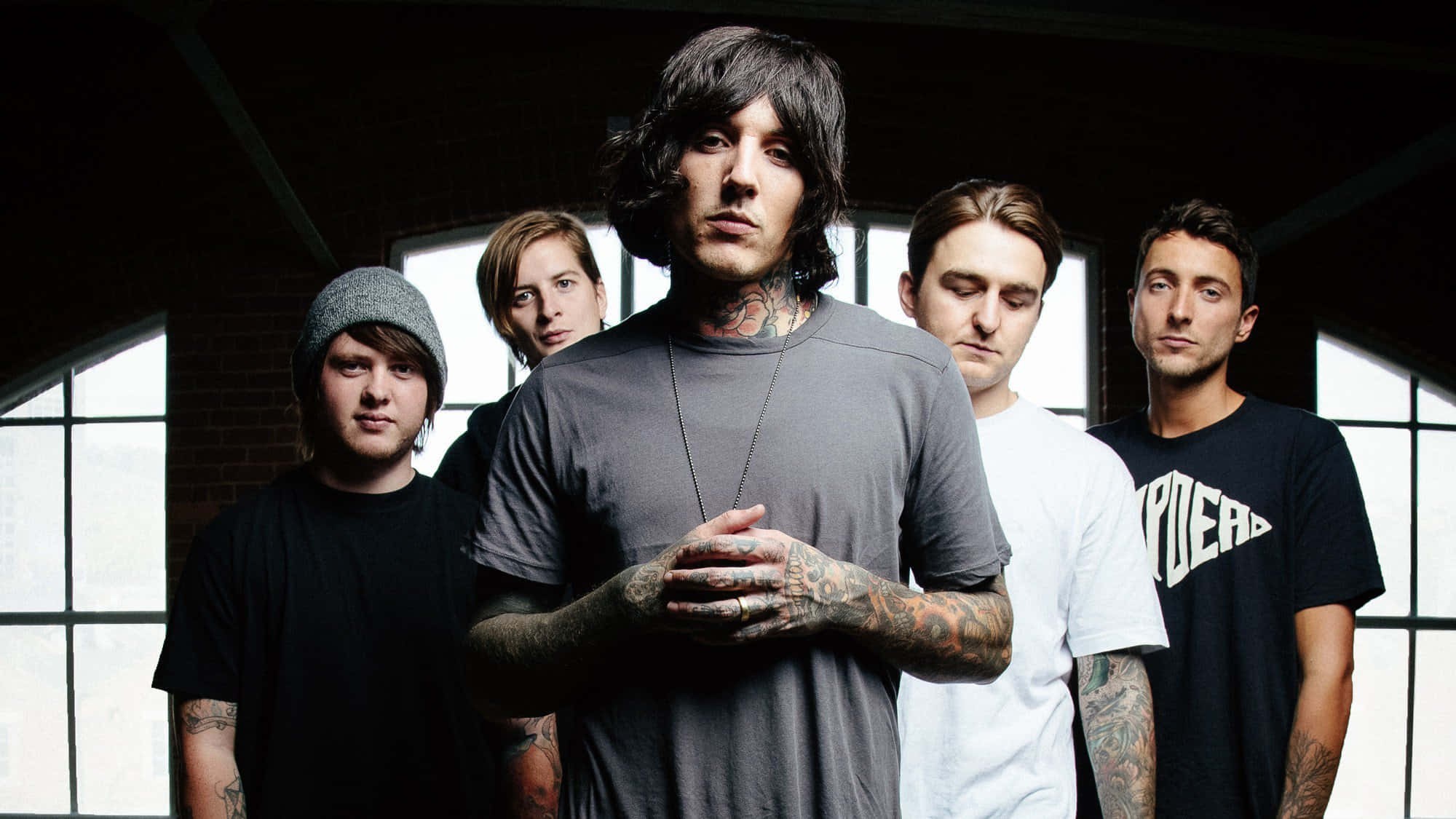 Bring Me The Horizon, band members, dim brick warehouse, Full HD Desktop Wallpaper
