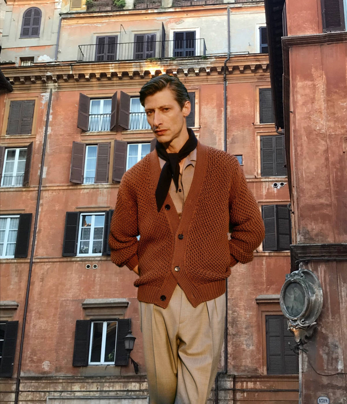Brioni, brown gassed cotton cardigan, beige trousers, HD Phone Wallpaper