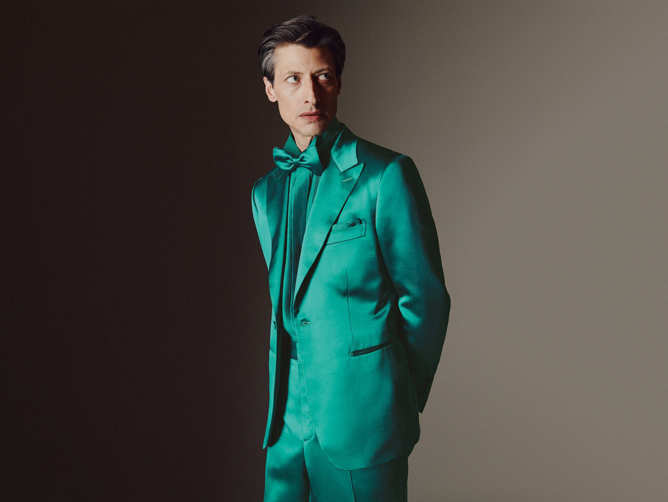 Brioni, green silk tuxedo jacket, glossy teal suit, 2K Desktop Wallpaper