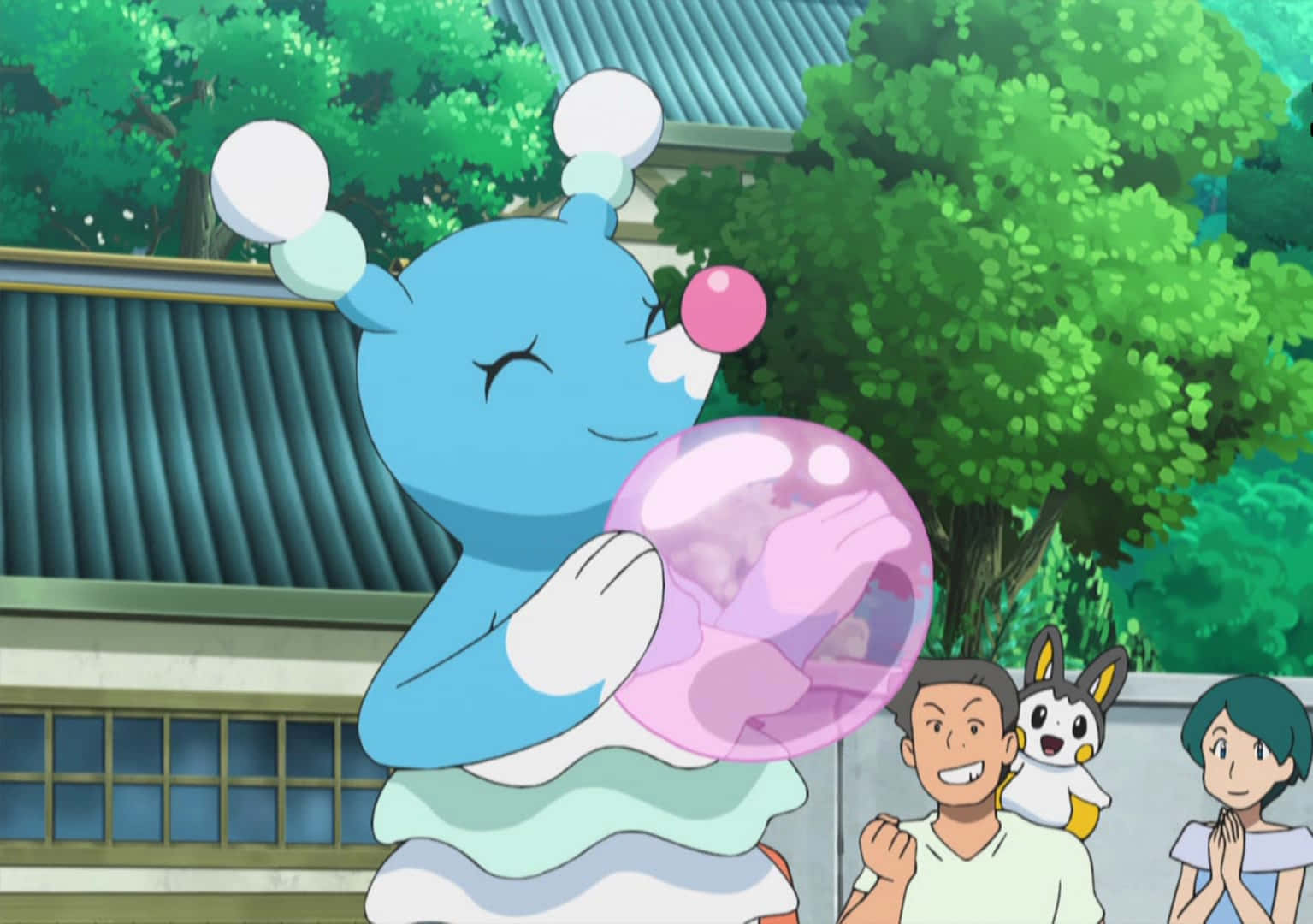 Brionne, pink bubble, blue anime Pokémon, HD Desktop Wallpaper