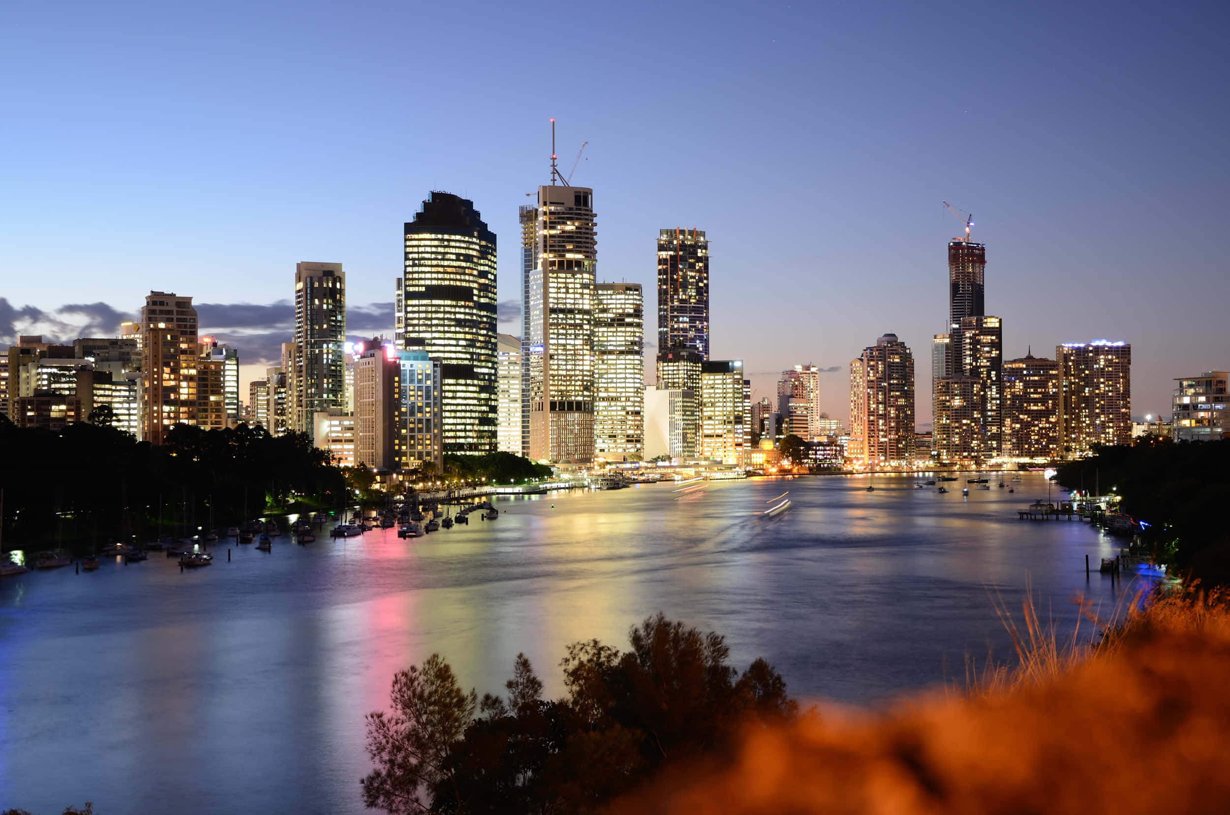 Brisbane skyline, sunset, calm water, Full HD Desktop Wallpaper