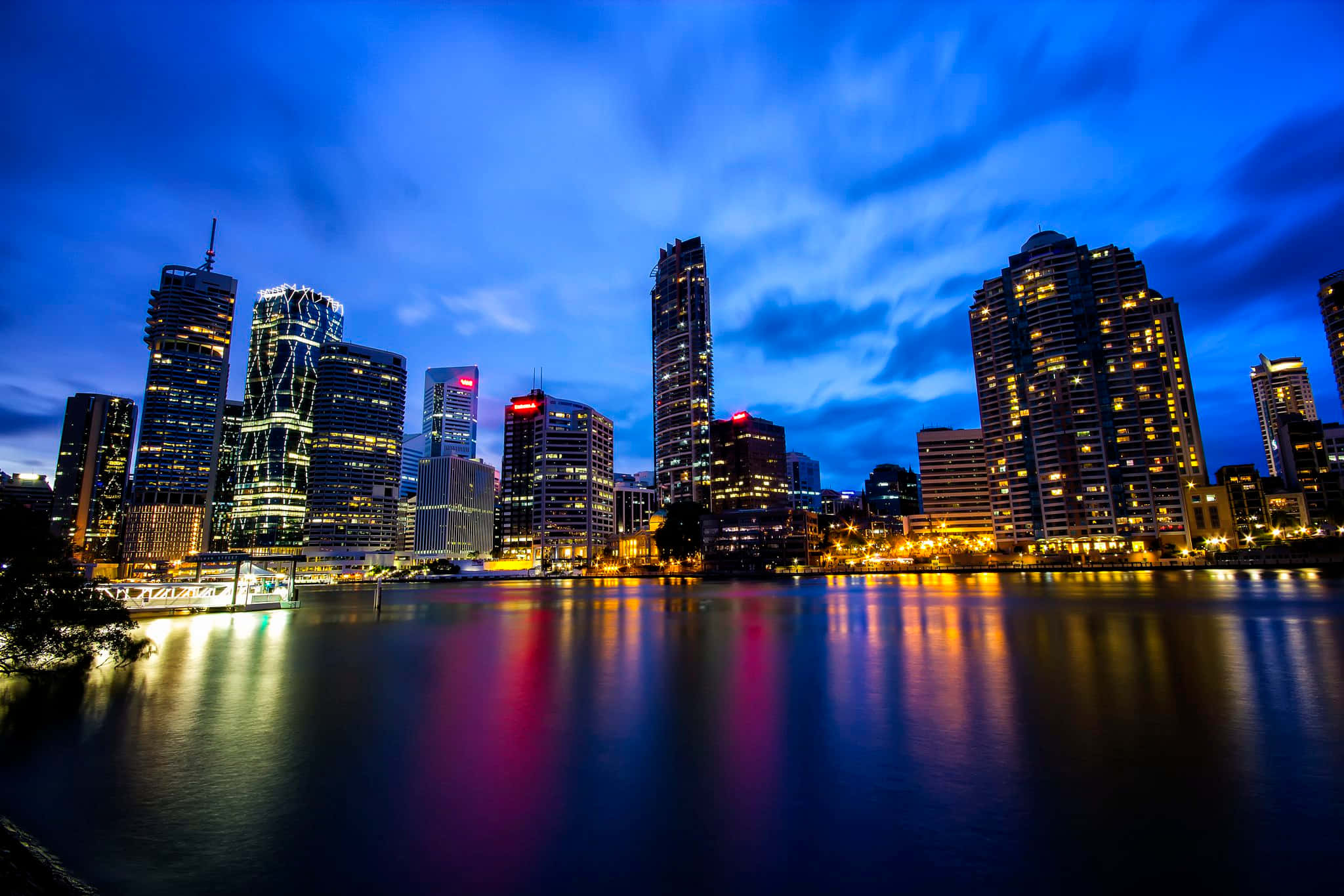 Brisbane River, dusk, illuminated skyscrapers, Full HD Desktop Wallpaper