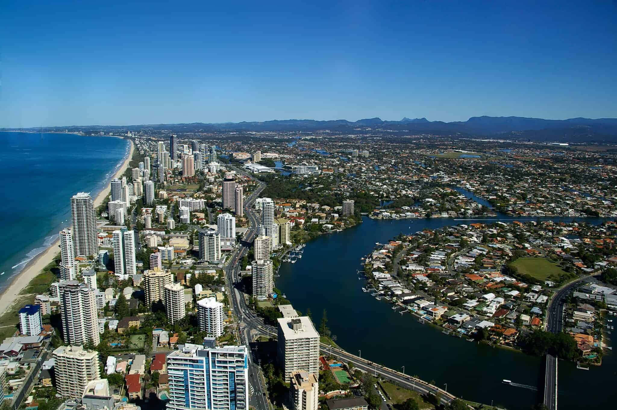 Brisbane skyline, sunset, aerial view, Full HD Desktop Wallpaper