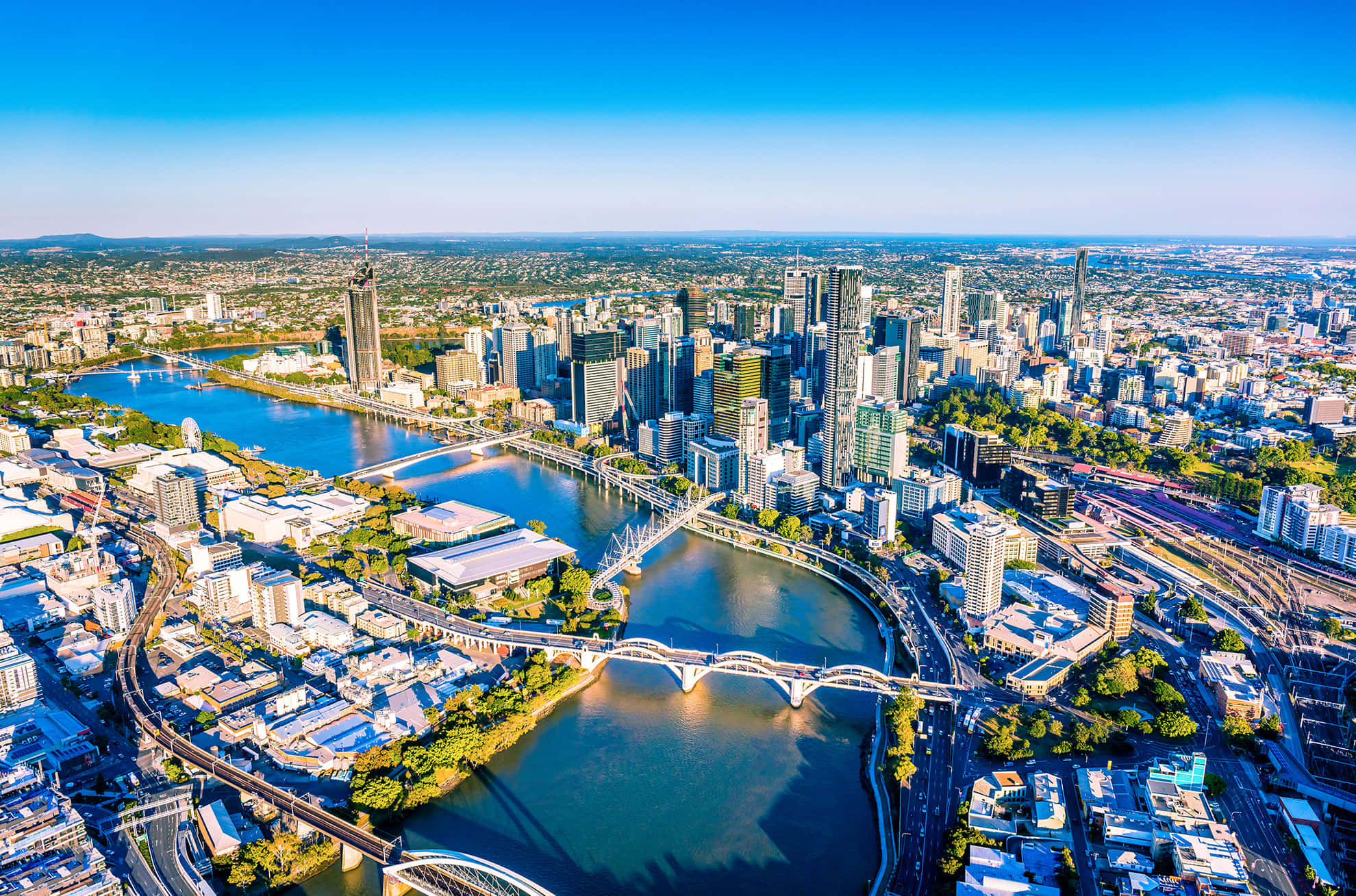 Brisbane skyline, stunning sunset, aerial view, Full HD Desktop Wallpaper