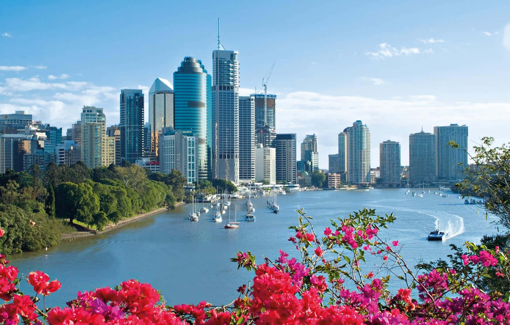 Brisbane skyline, sunset, calm blue waters, HD Desktop Wallpaper