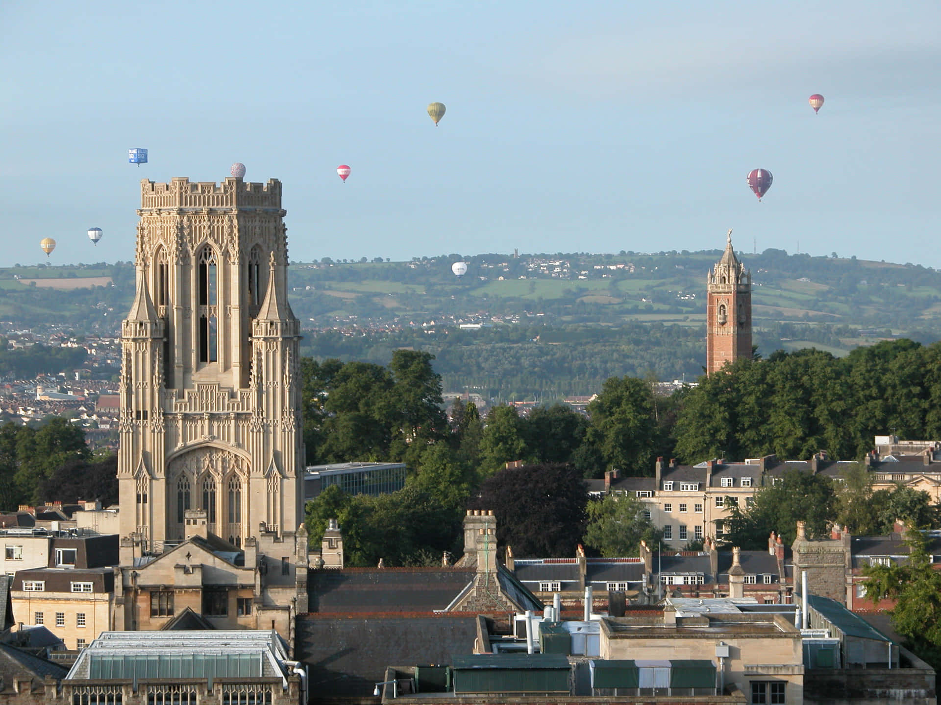 Bristol, hot air balloons, historic stone towers, Full HD Desktop Wallpaper