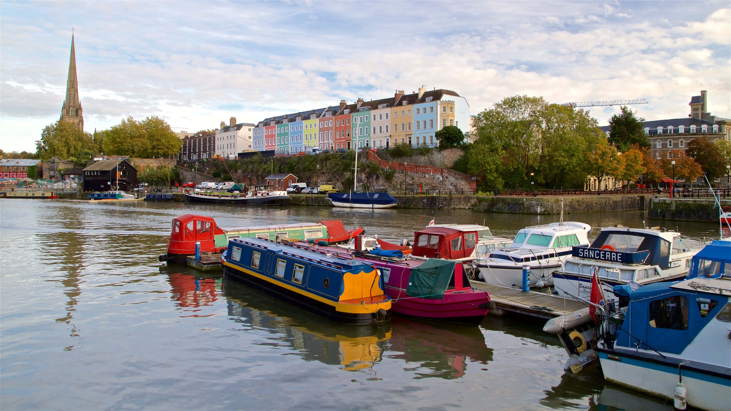 Bristol cityscape, United Kingdom, canal boats, 2K Desktop Wallpaper