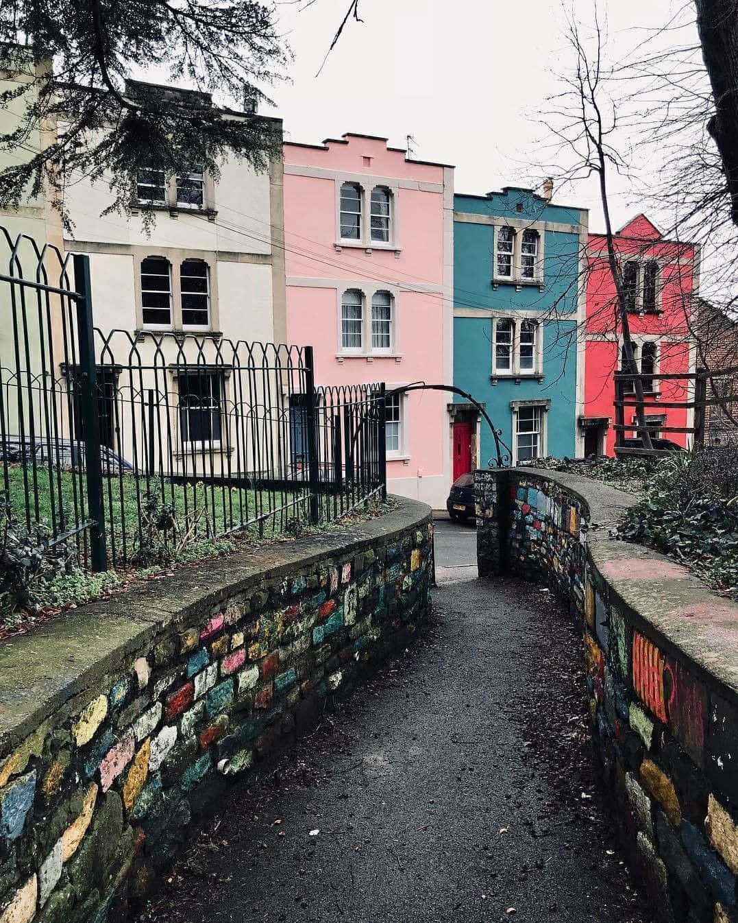 colorful houses, pastel pink blue and red, winding stone path, HD Phone Wallpaper
