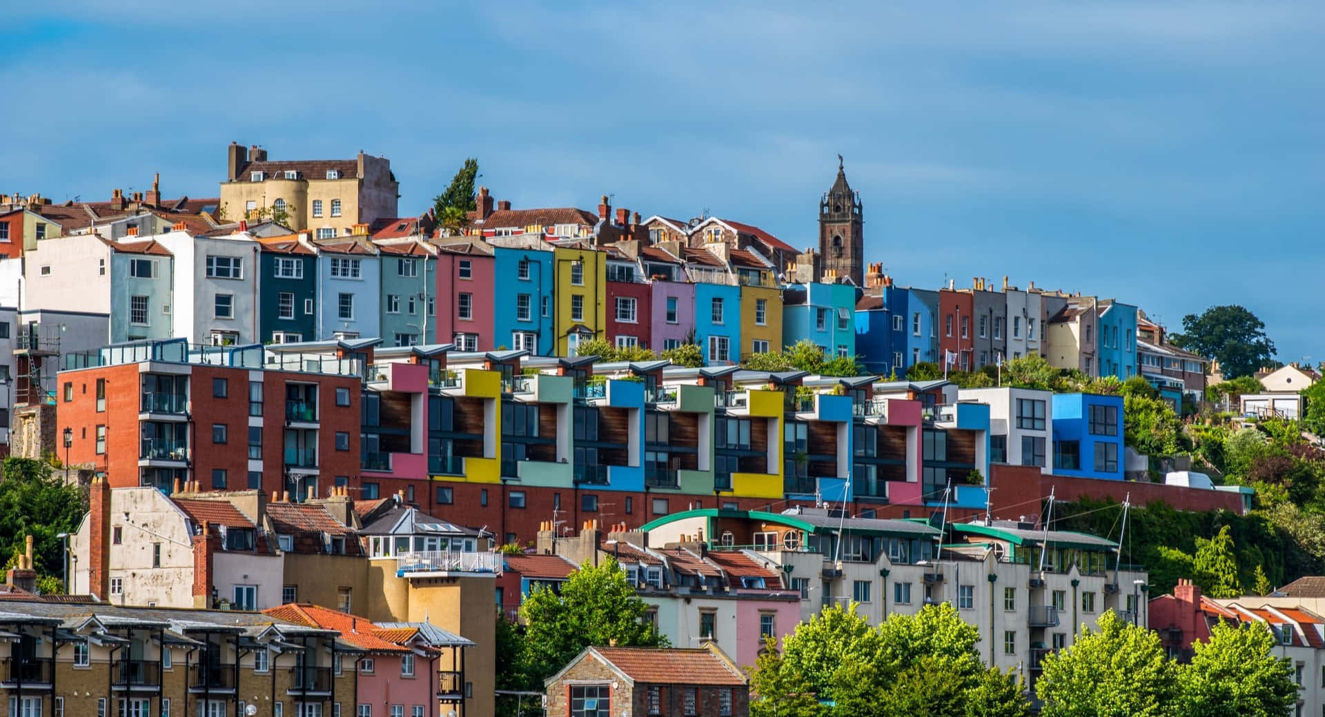 Bristol, hillside homes, clear blue sky, Full HD Desktop Wallpaper
