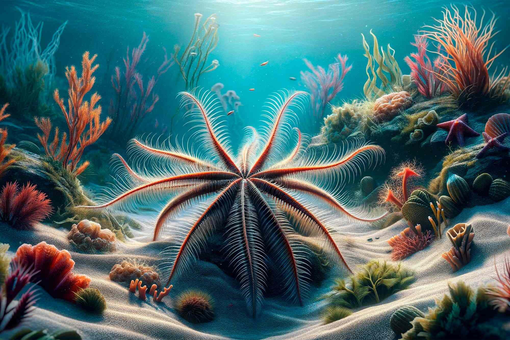 underwater brittle star, feather star, sandy ocean floor, Full HD Desktop Wallpaper
