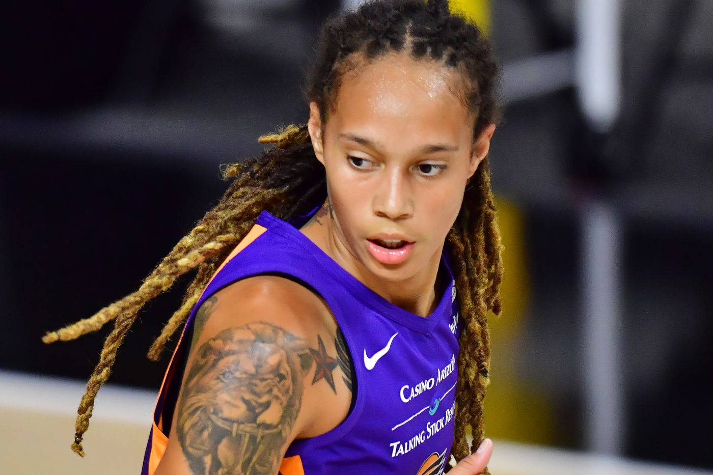 Brittney Griner, lion tattoo, purple jersey, HD Desktop Wallpaper