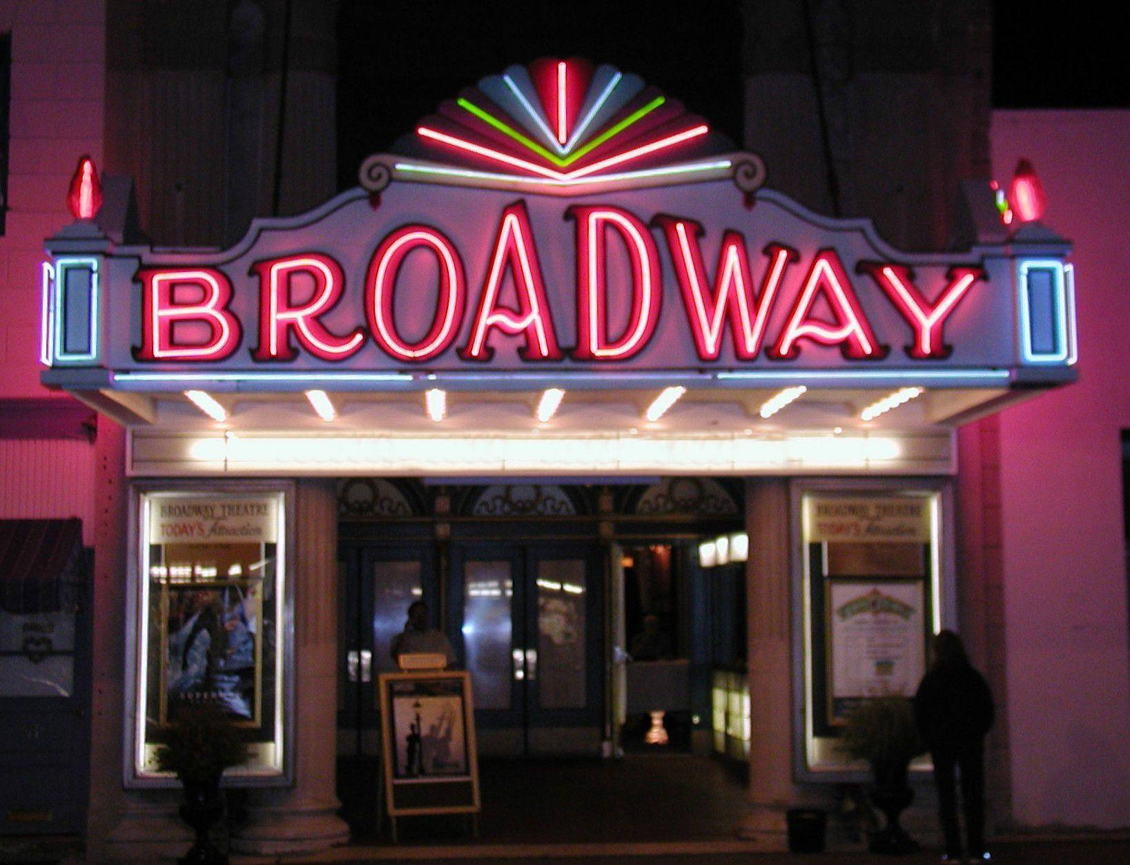 Broadway, theater building, neon-lit marquee, HD Desktop Wallpaper