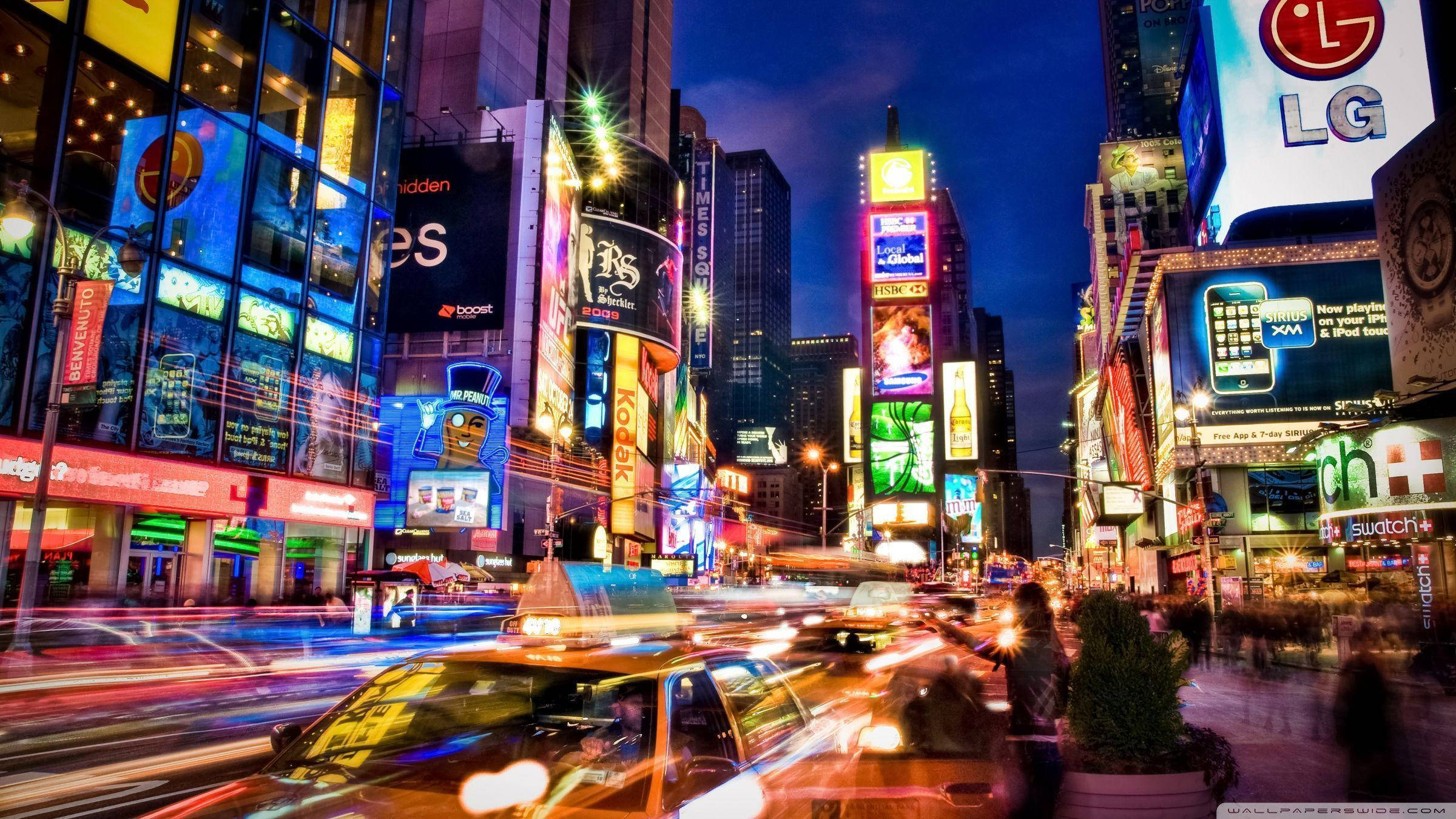 Broadway, neon lights, bustling city street, Full HD Desktop Wallpaper