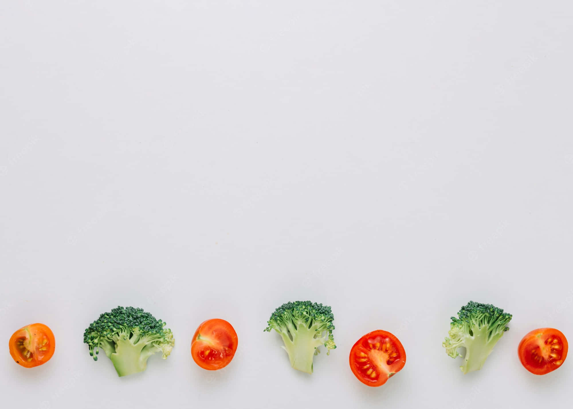 broccoli florets, cherry tomatoes, clean white surface, Full HD Desktop Wallpaper