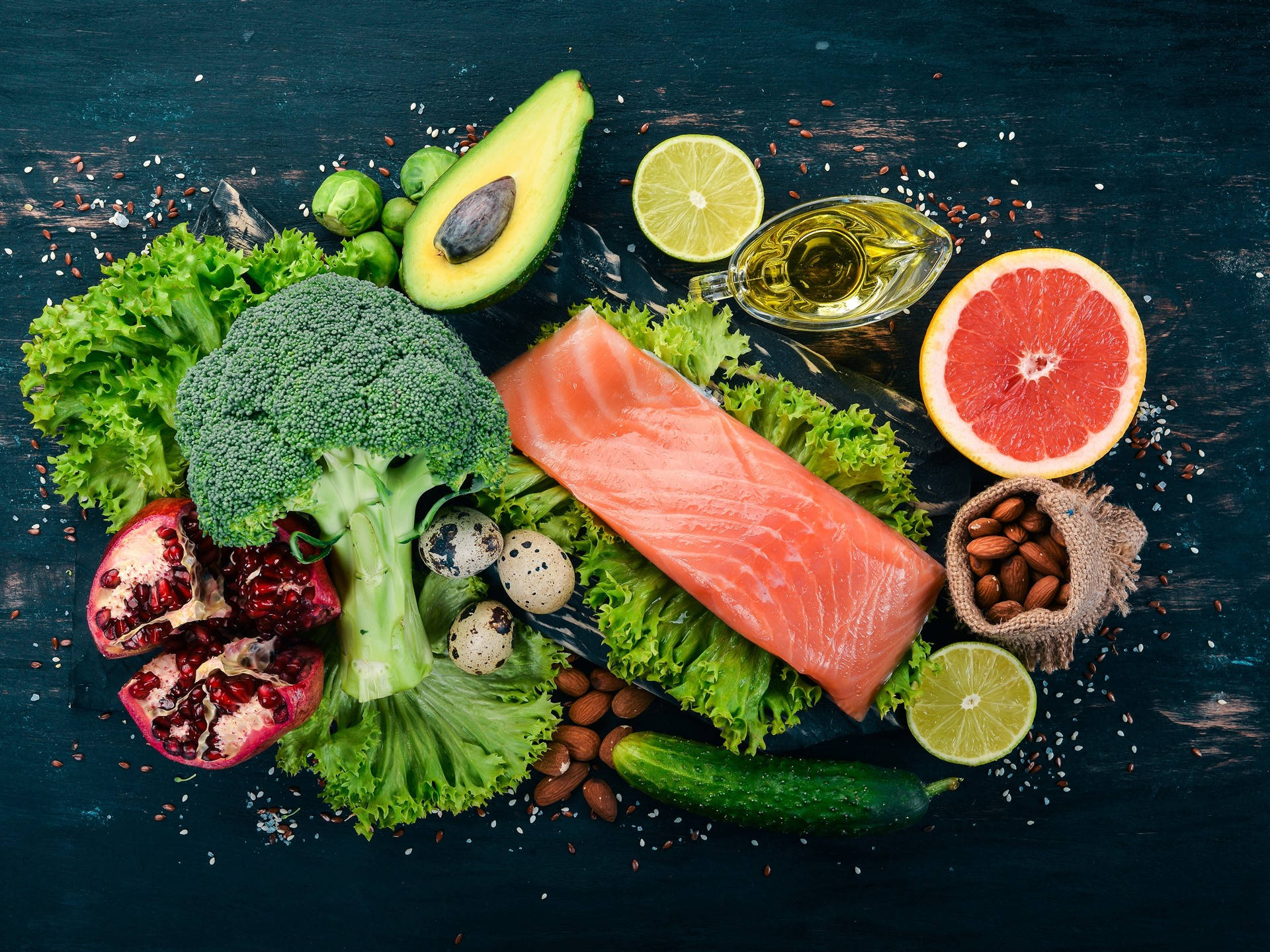 broccoli, pink salmon, avocado, Full HD Desktop Wallpaper