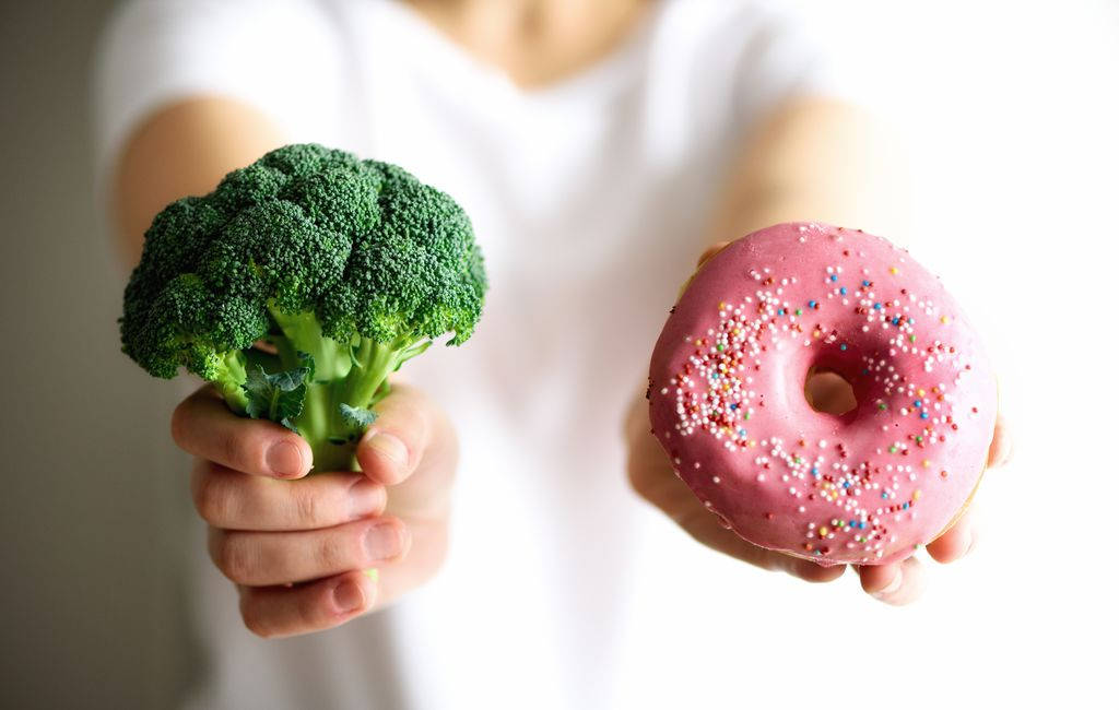 green broccoli, pink sprinkle donut, stark white background, SD Desktop Wallpaper