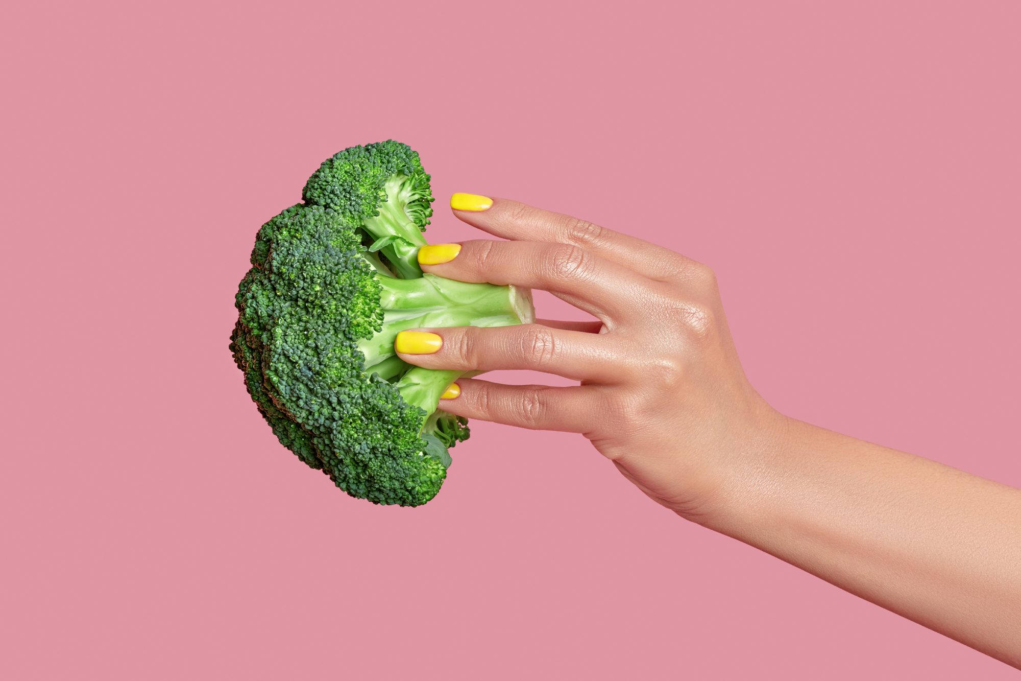 green broccoli, yellow nails, solid pink background, Full HD Desktop Wallpaper