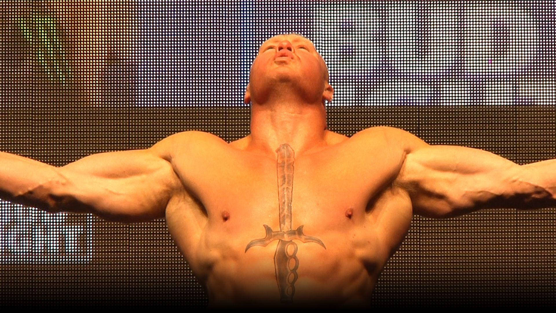 Brock Lesnar, sword tattoo, arms outstretched, Full HD Desktop Wallpaper