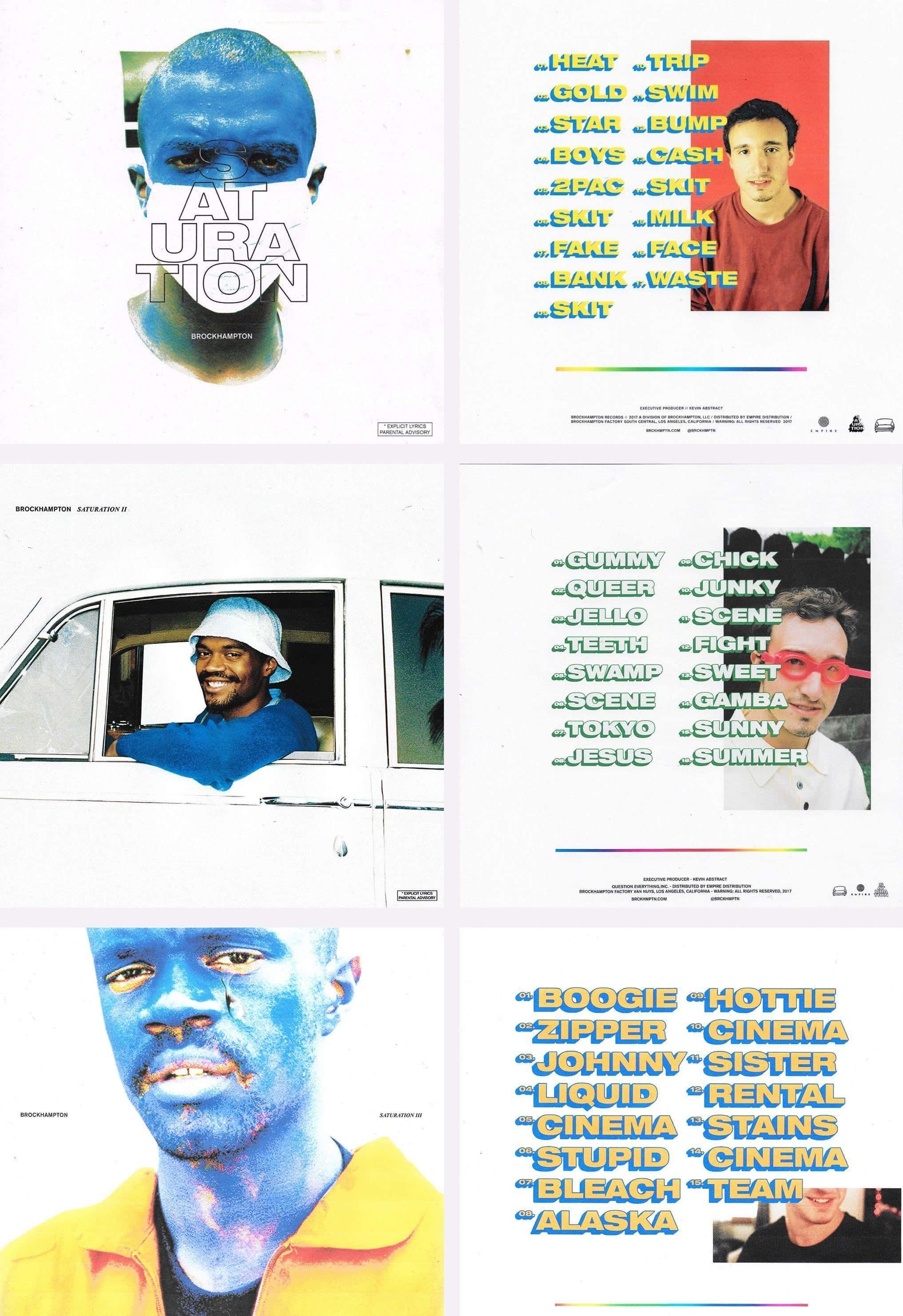 Brockhampton, blue-toned faces, bold yellow text overlays, 2K Phone Wallpaper
