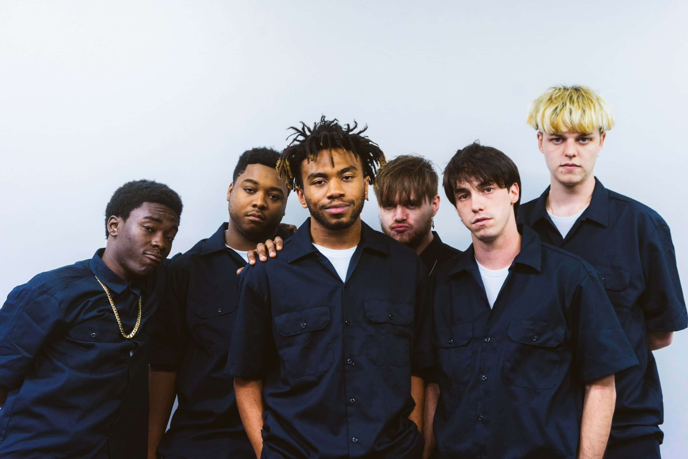 Brockhampton, dark blue shirts, white background, 2K Desktop Wallpaper