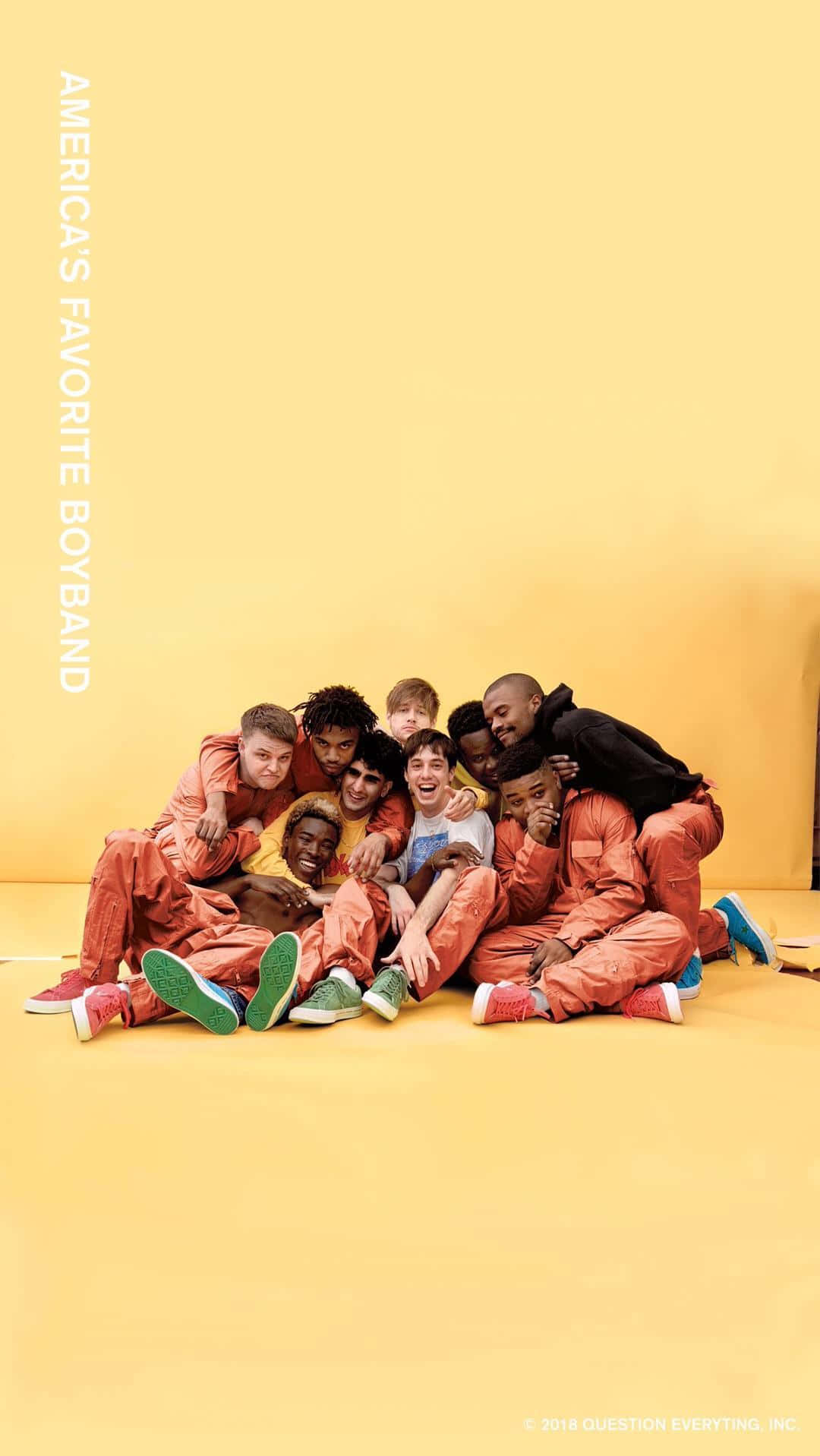 Brockhampton, orange jumpsuits, solid yellow studio backdrop, HD Phone Wallpaper
