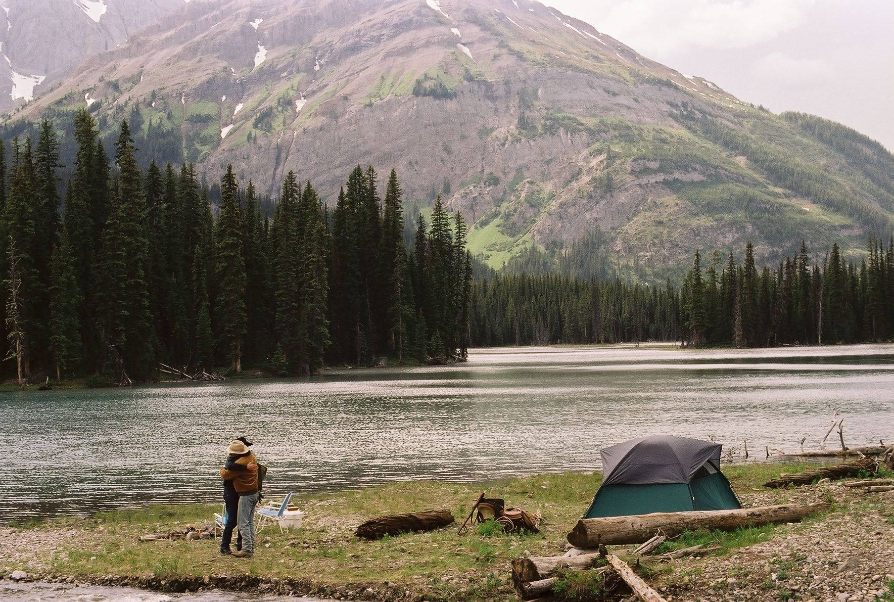 Brokeback Mountain, lakeside campsite, green tent, HD Desktop Wallpaper