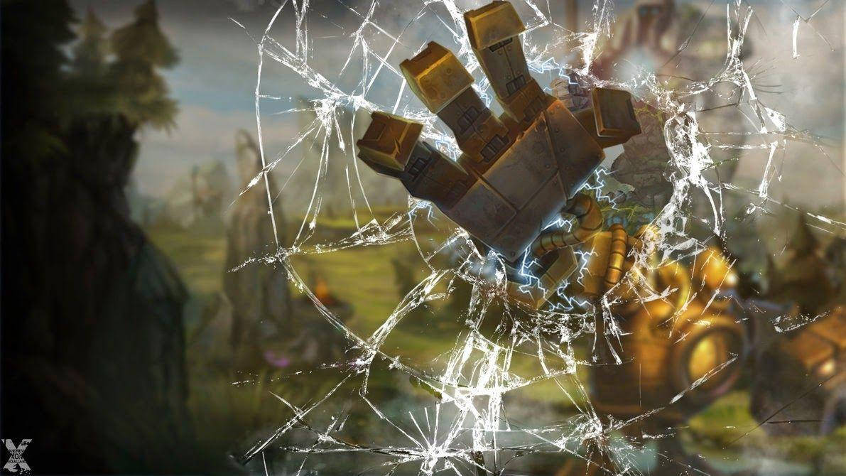 cracked computer screen, robot hand, golden armored hand, SD Desktop Wallpaper