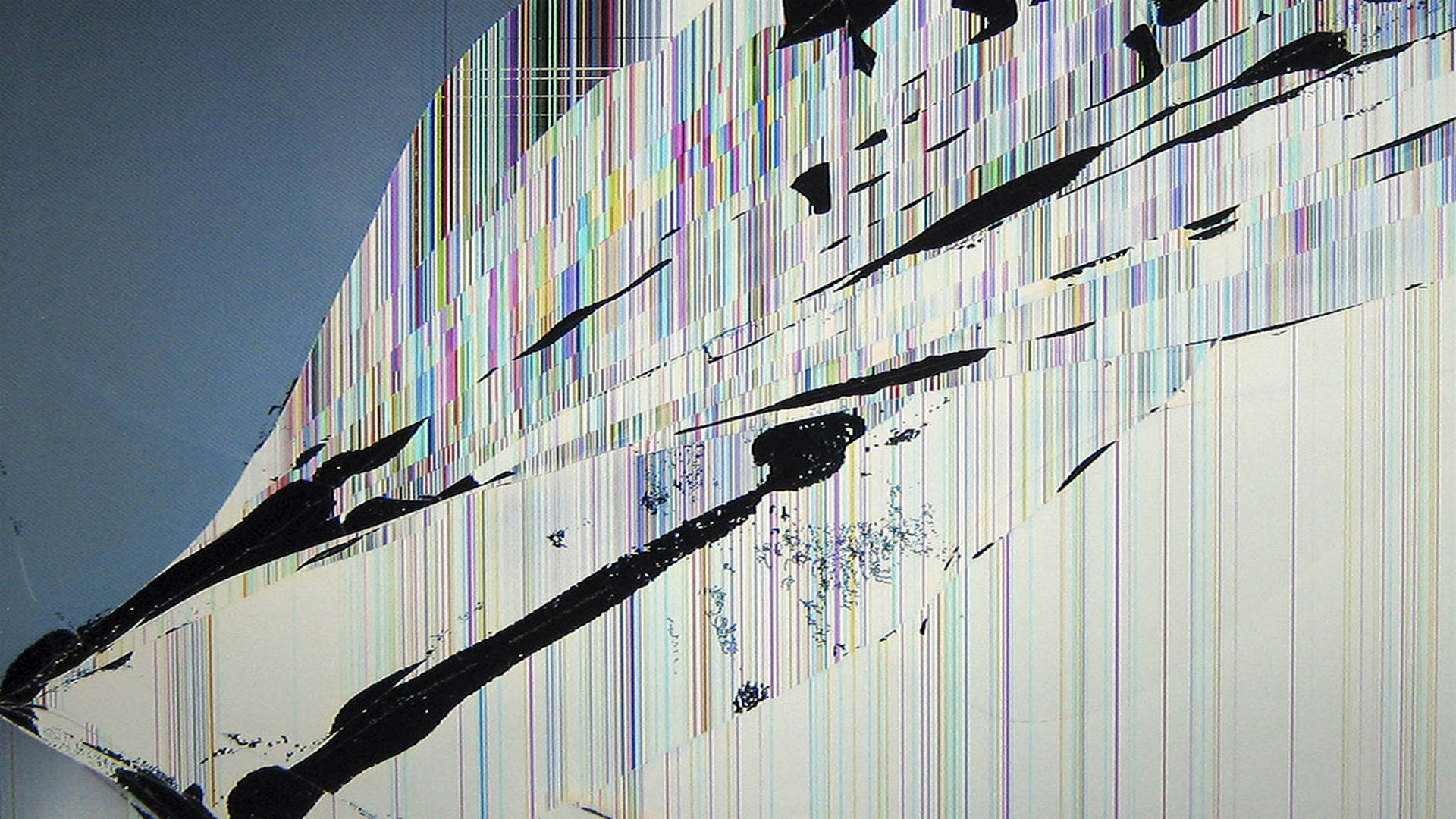 cracked LCD screen, vibrant vertical stripes, bold black brushstrokes, Full HD Desktop Wallpaper