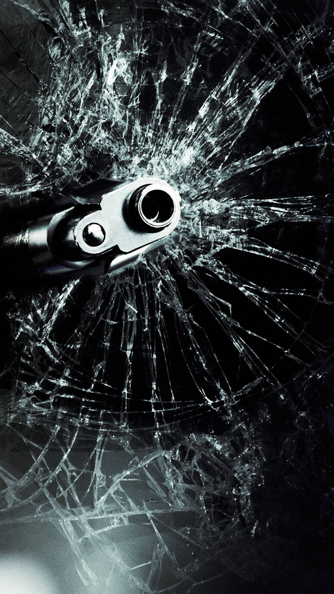 gun barrel, shattered glass, black and white composition, Full HD Phone Wallpaper