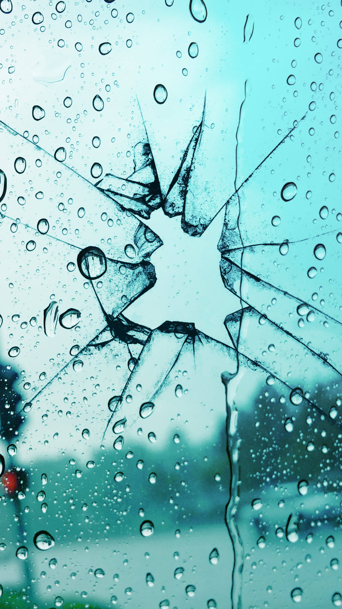 broken glass window, starburst fracture pattern, raindrops, 2K Phone Wallpaper