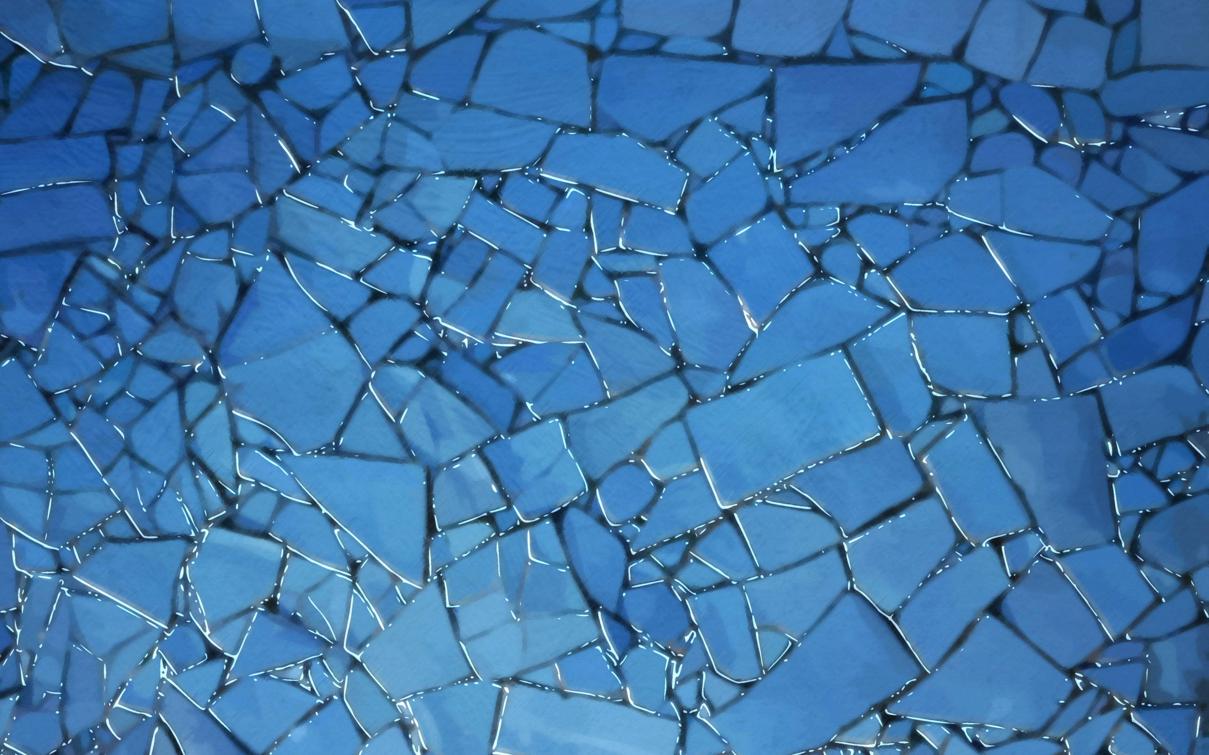 broken glass tiles, blue glass fragments, textured mosaic pattern, 4K Desktop Wallpaper
