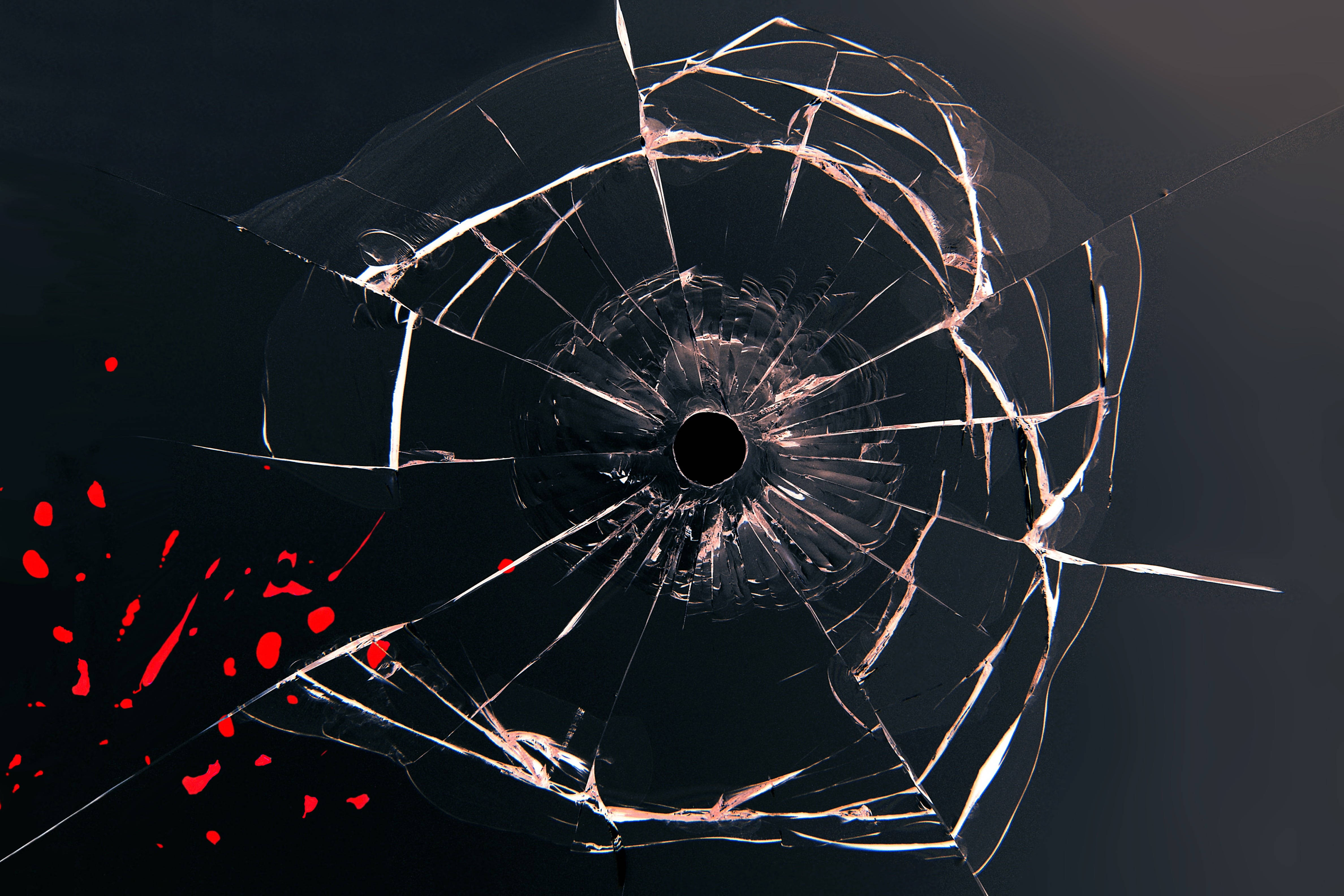 Broken Glass Screen, hole, red splatters, 4K Desktop Wallpaper