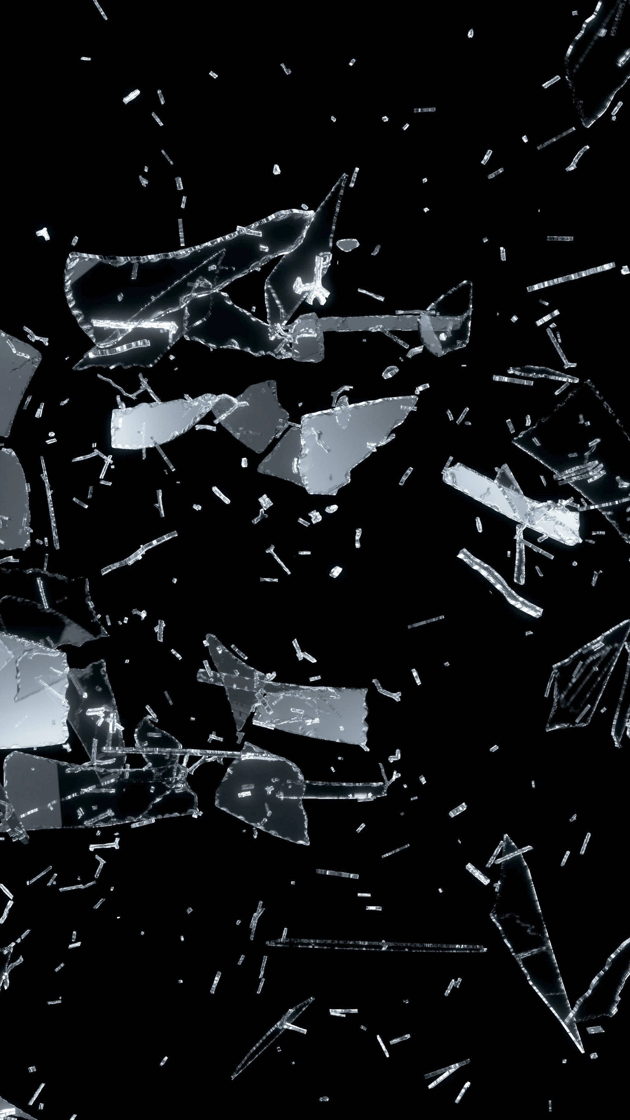 Broken Glass Flying, shattered glass fragments, stark black background, 4K Phone Wallpaper