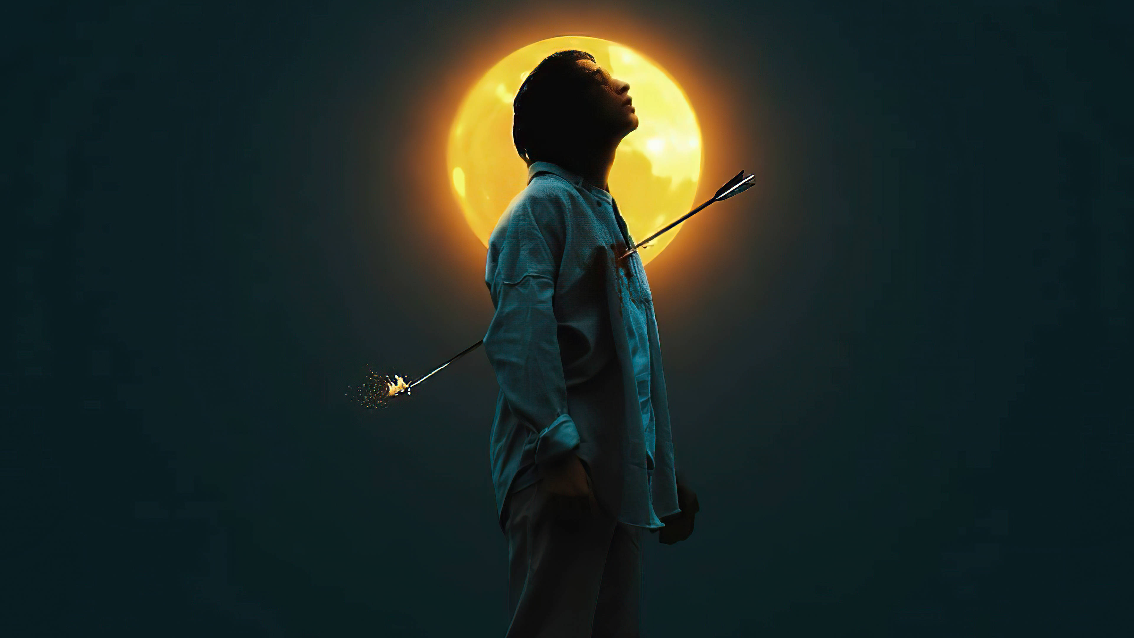 arrow, full moon, dark night sky, 4K Desktop Wallpaper
