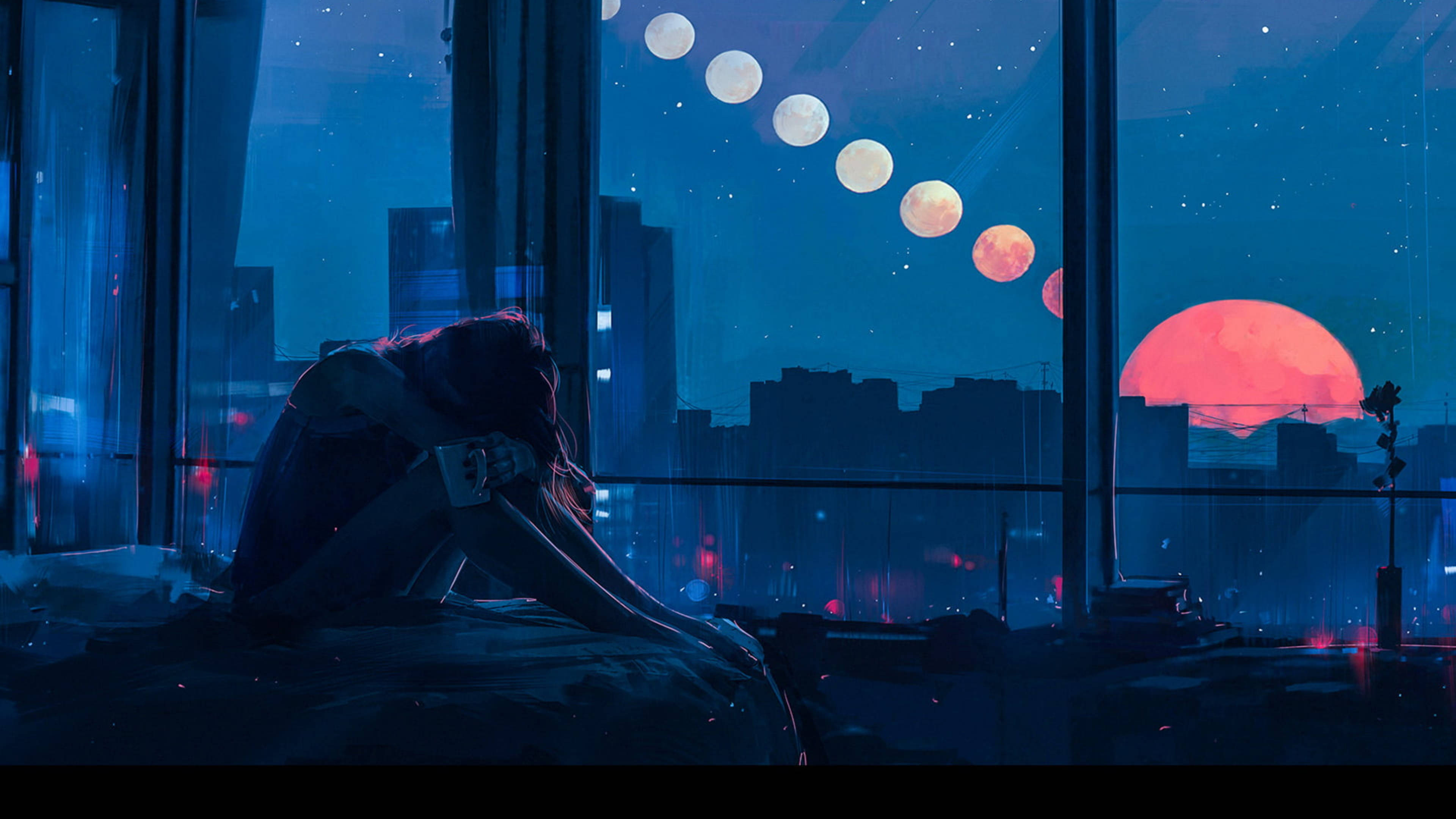 Girl Heart Broken 4K Artwork, neon cityscape, surreal sky, 4K Desktop Wallpaper