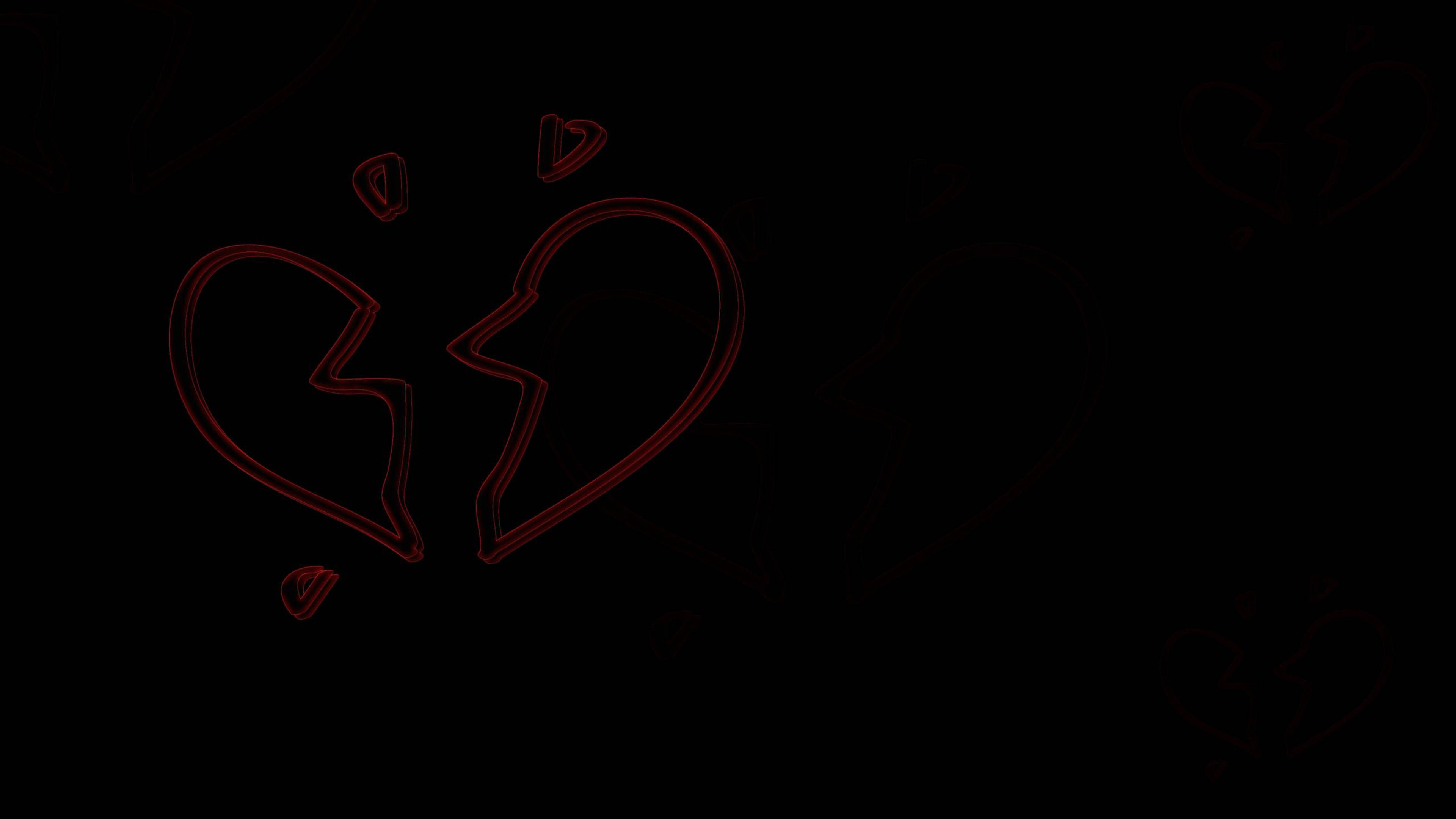 dark red broken heart 4k, glowing red broken heart outline, black background, 4K Desktop Wallpaper
